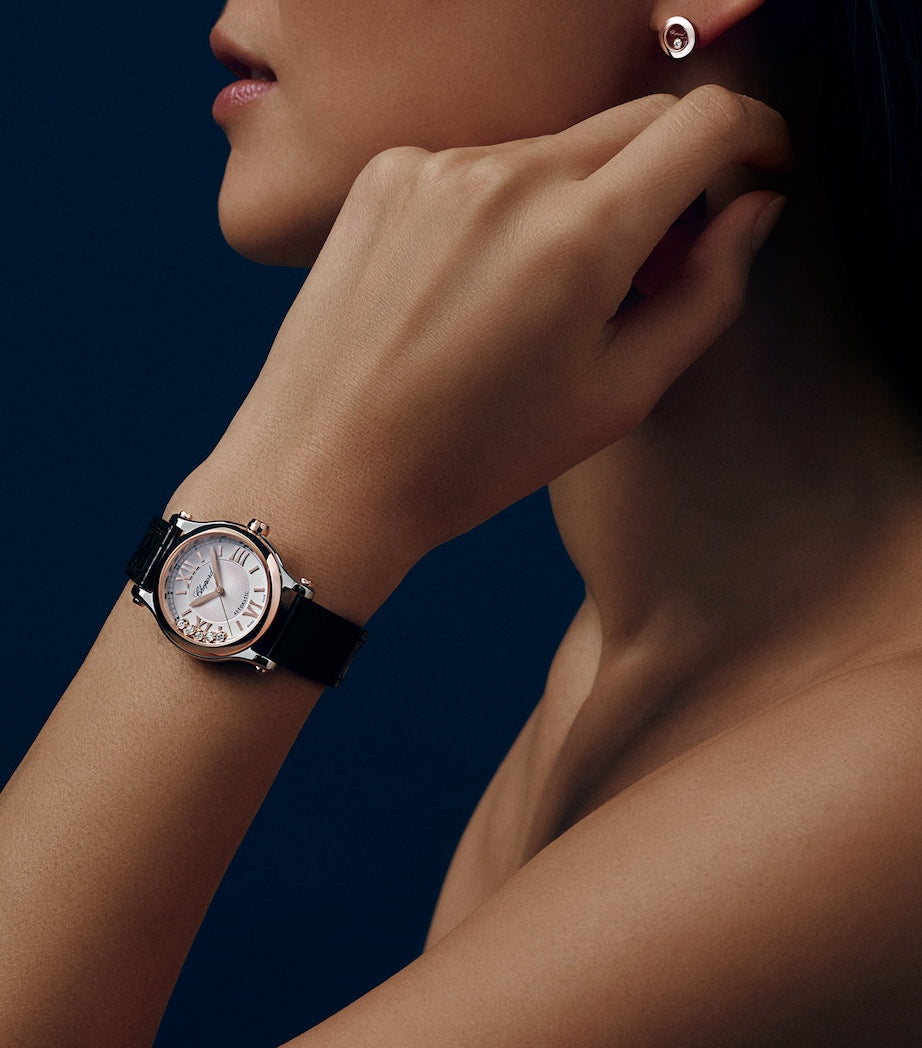 Rose Gold, Stainless Steel and Diamond Happy Sport Automatic Watch 30mm