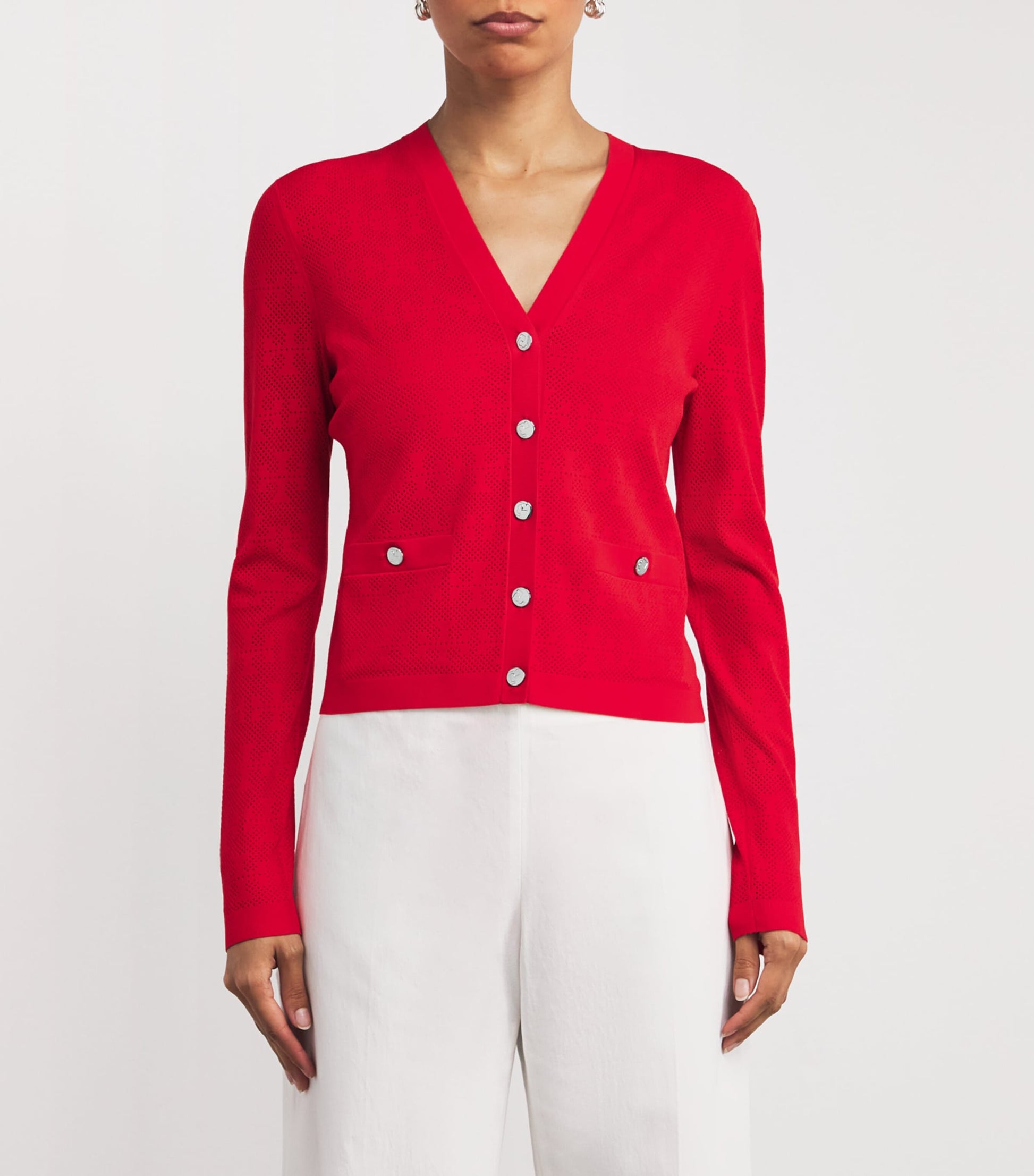 Tory Burch Red Monogram Pointelle Cardigan