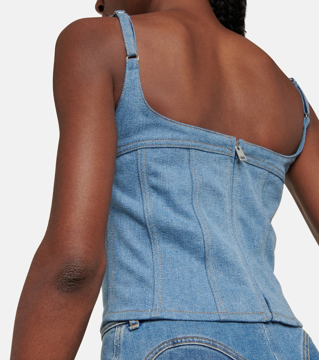 Mugler - Denim and mesh corset top