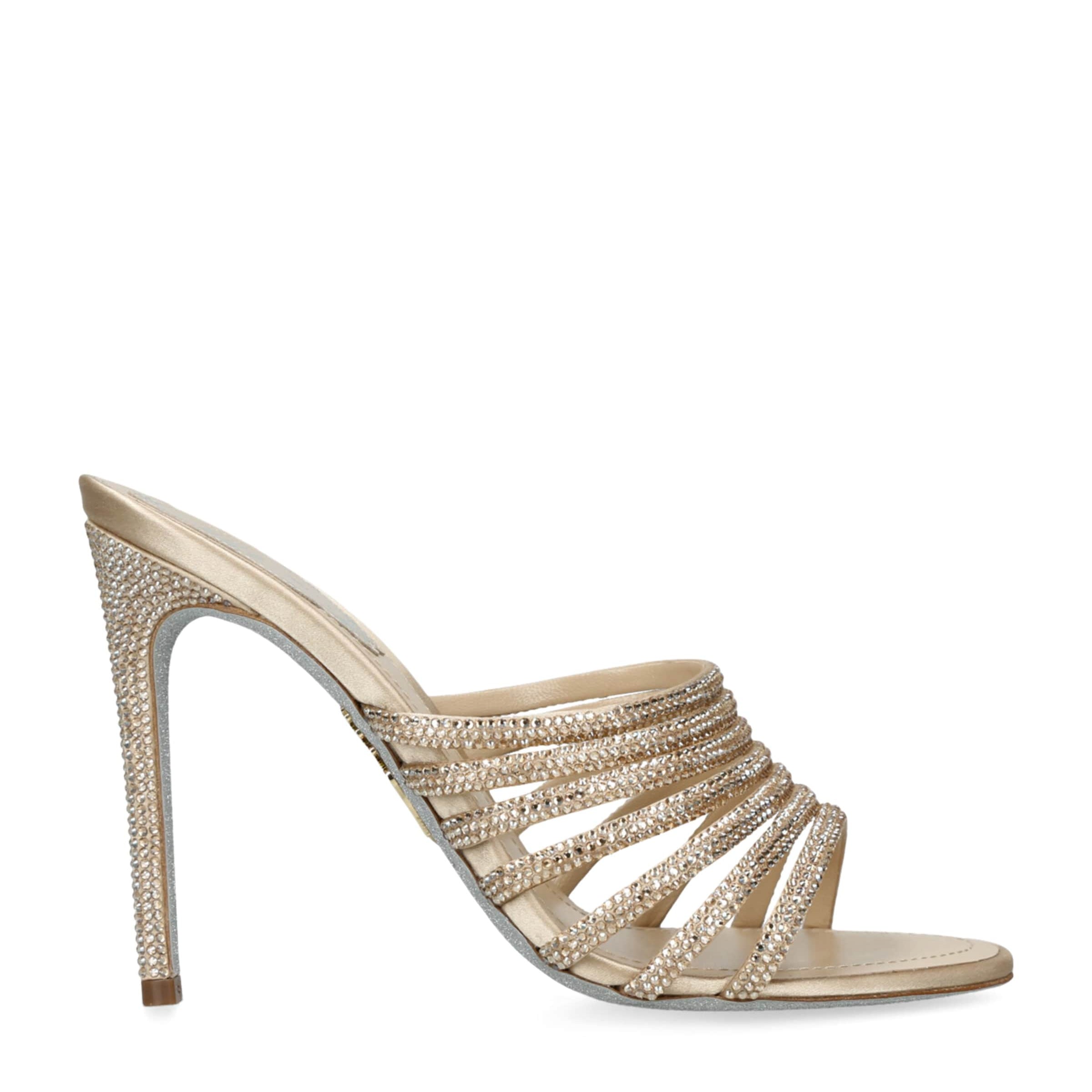 René Caovilla Gold Satin Strappy Heeled Mules 105