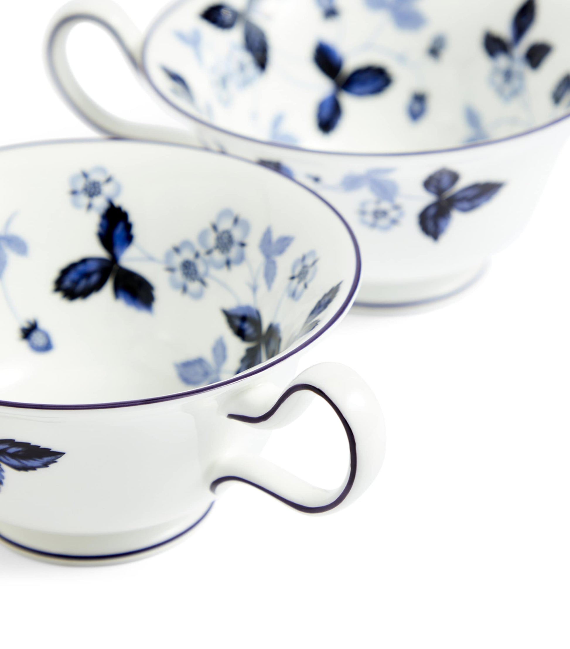 Set of 2 Wild Strawberry Inky Blue Teacups and Saucers