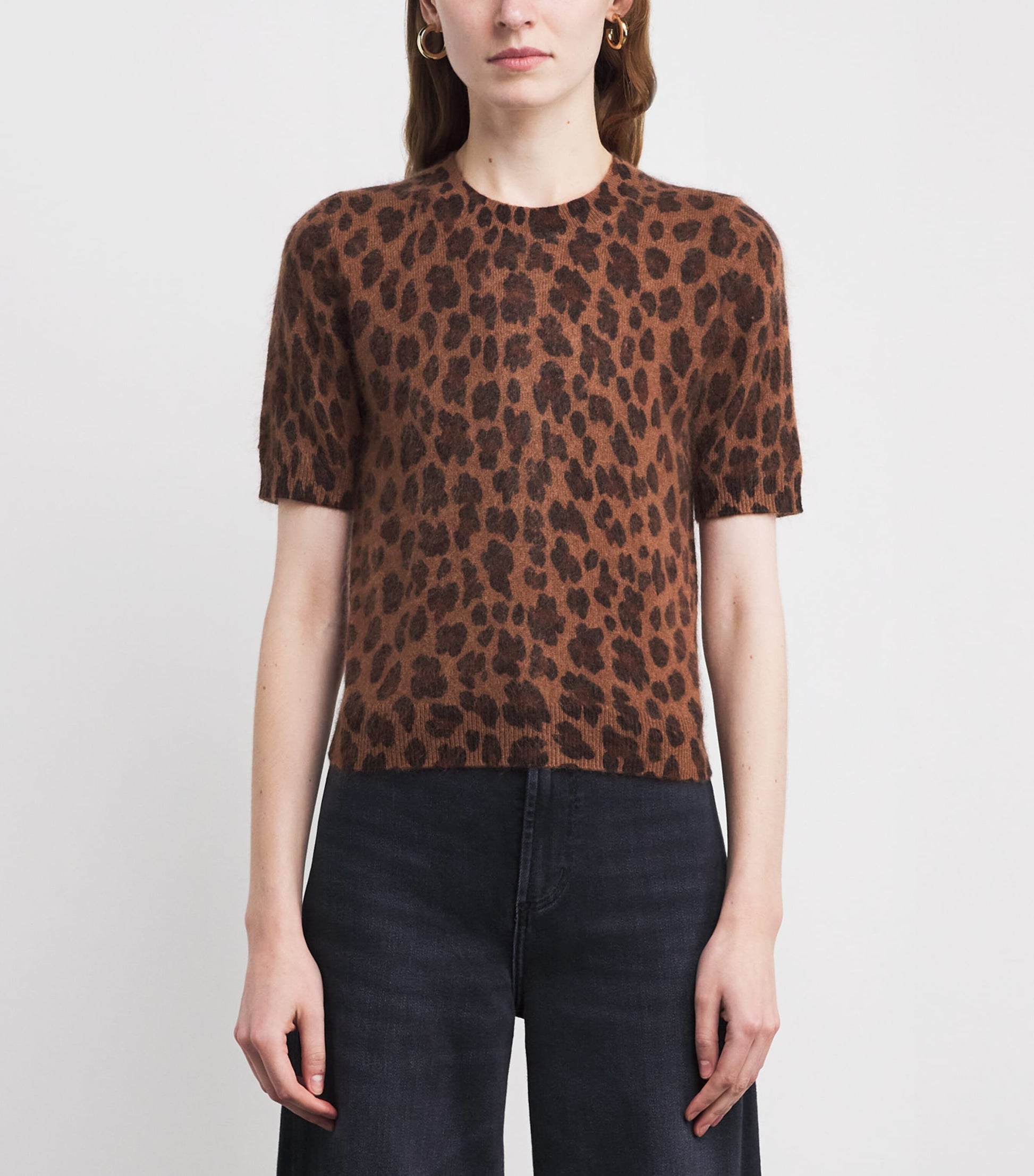 ME+EM Brown Merino Wool-Cashmere Leopard Print T-Shirt