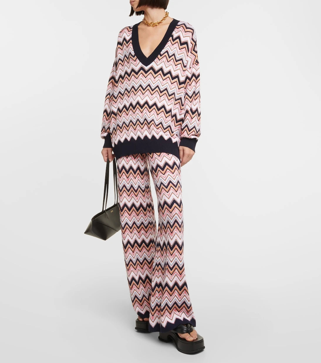 Missoni - بنطلون واسع الساقين وخصر عالٍ بنمط الزجزاج