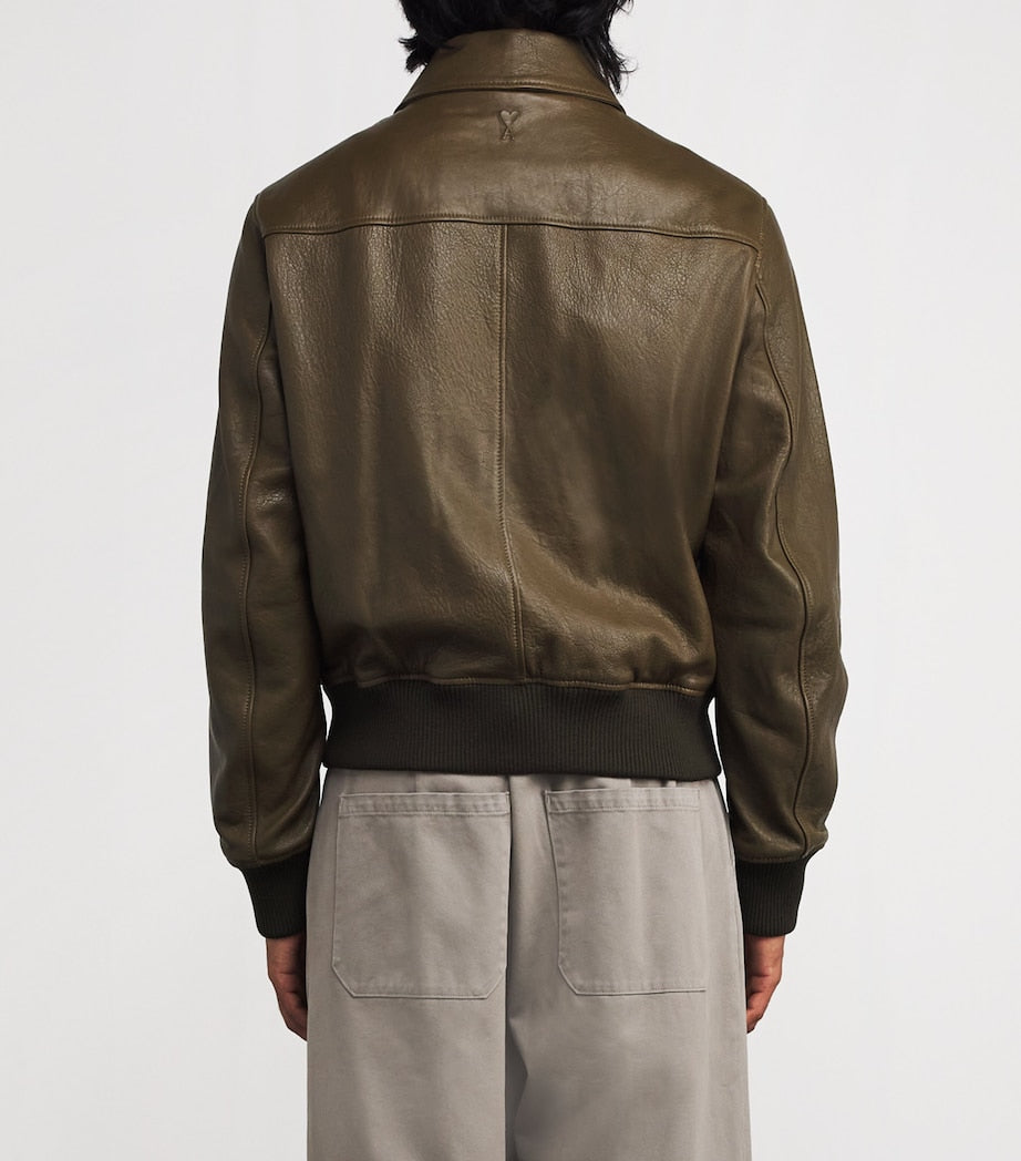 Brown Leather Collar Bomber Jacket