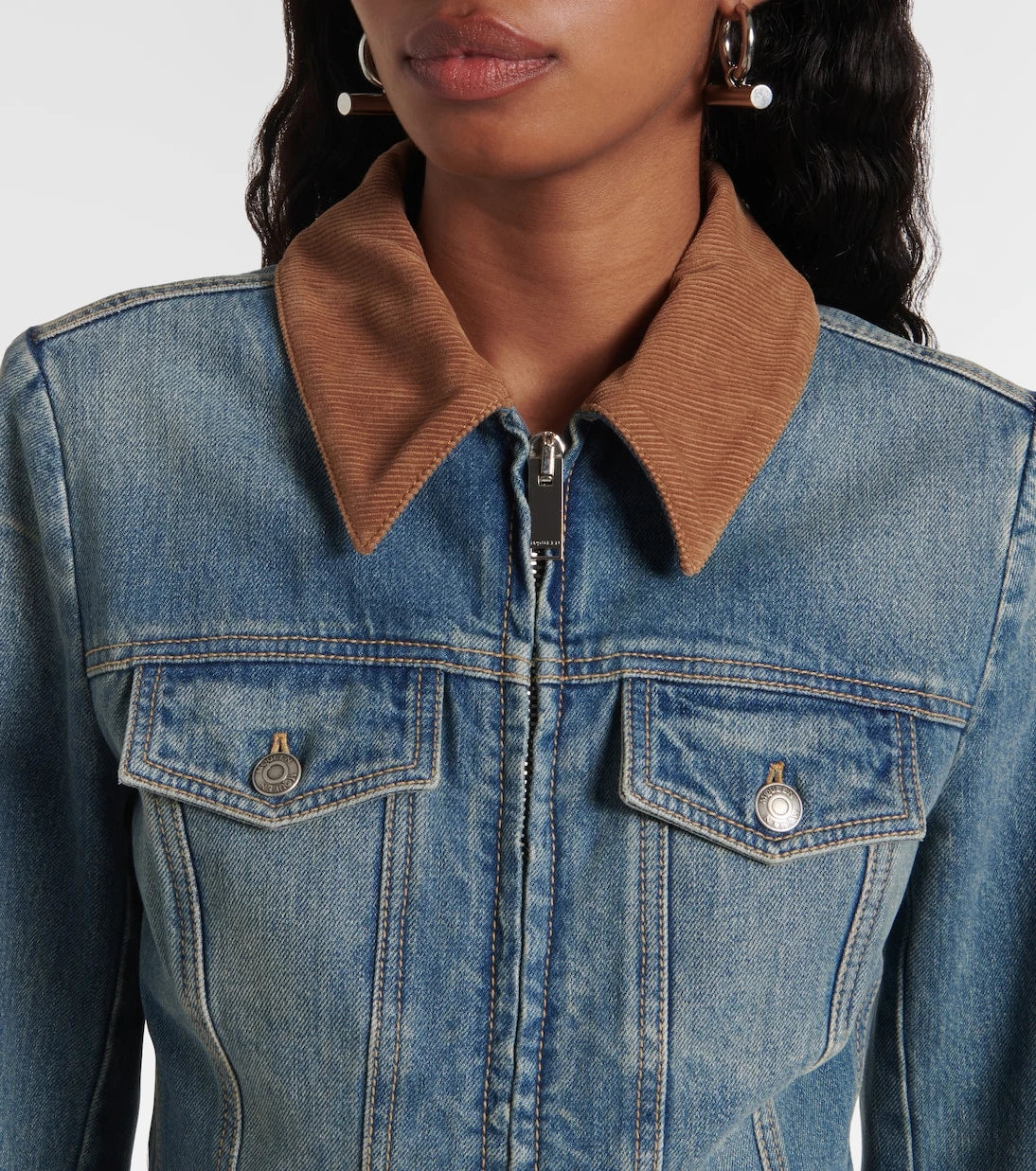 McQueen - Peplum corduroy-trimmed denim jacket