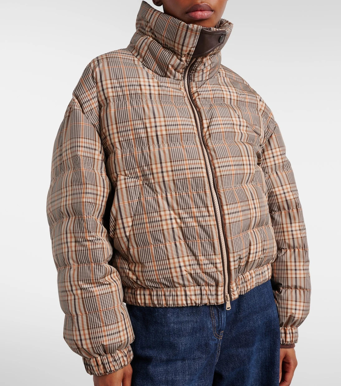 Brunello Cucinelli - Checked leather-trimmed down jacket