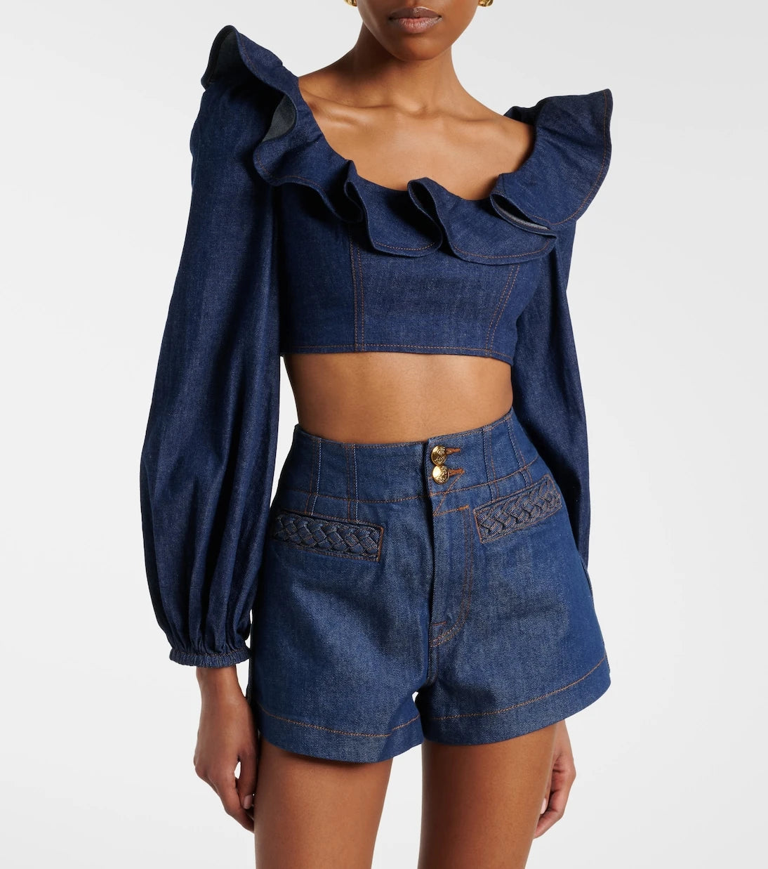 Zimmermann - Aster ruffled denim crop top