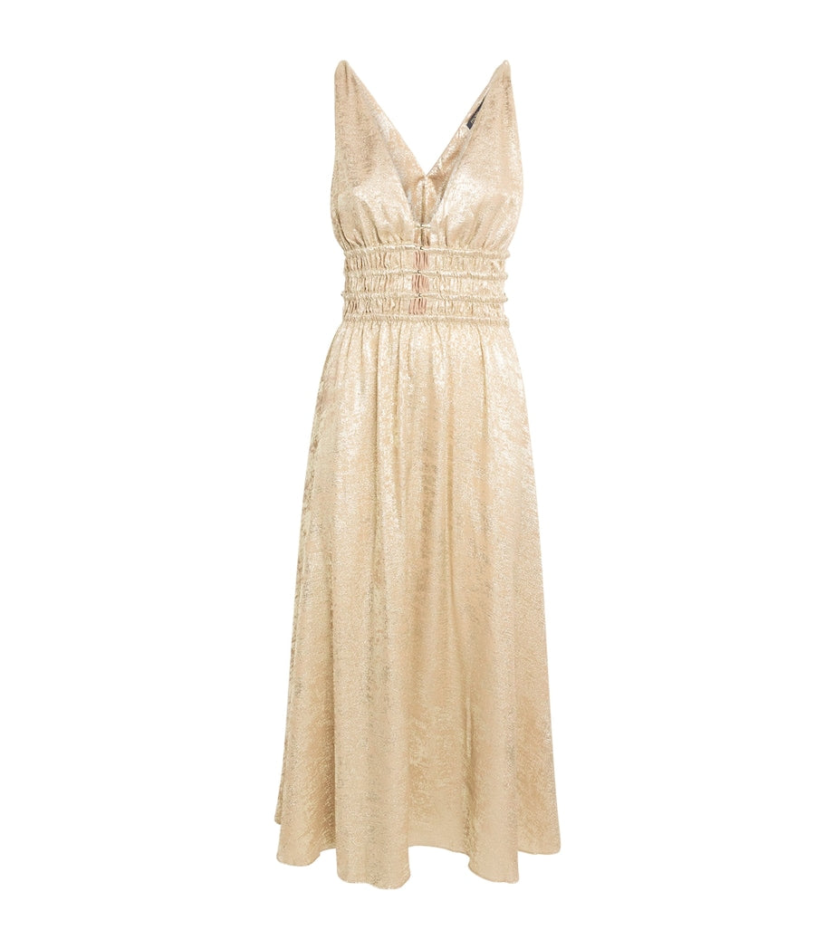 Gold Lamé Shirred Midi Dress