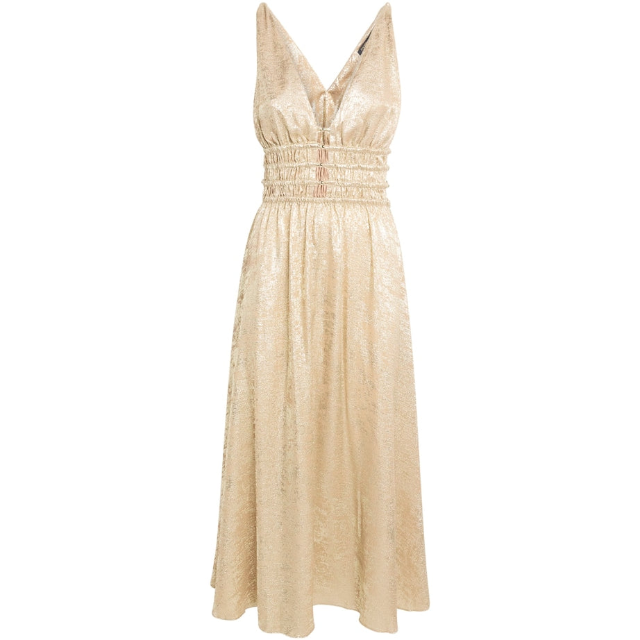 Gold Lamé Shirred Midi Dress