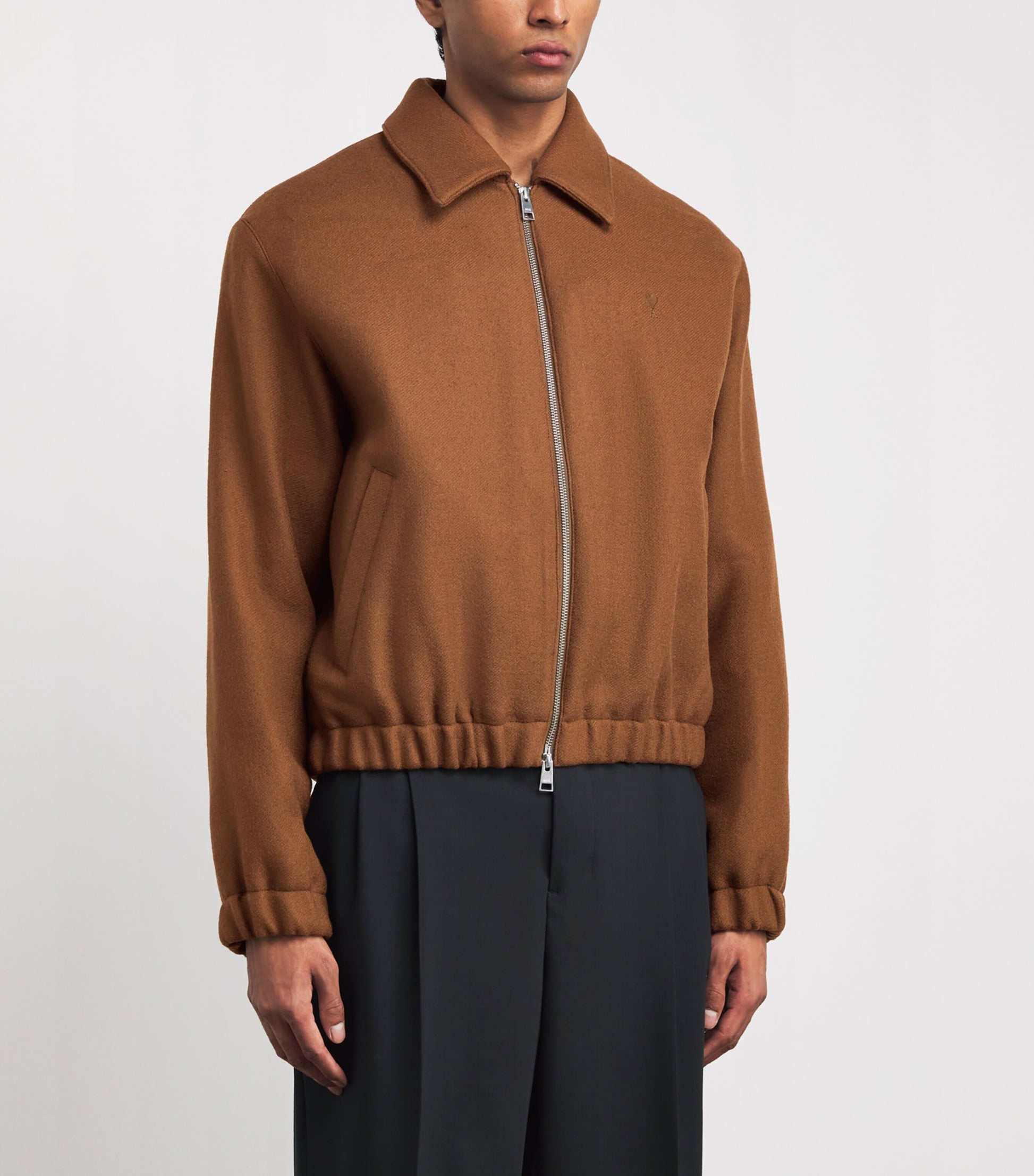 AMI Paris Brown Boiled Wool Bomber Jacket