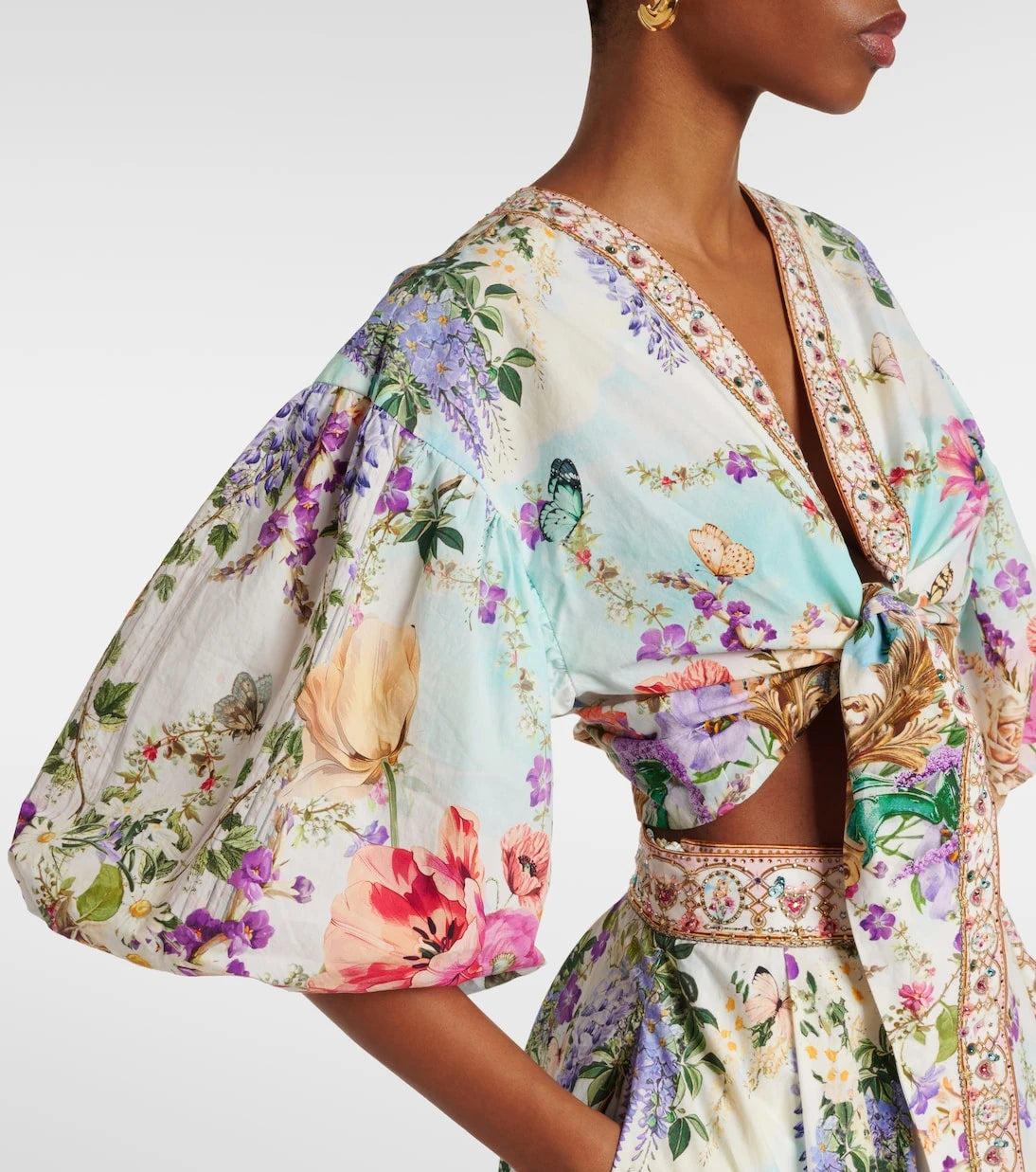 Camilla - Tie-front puff-sleeve crop top
