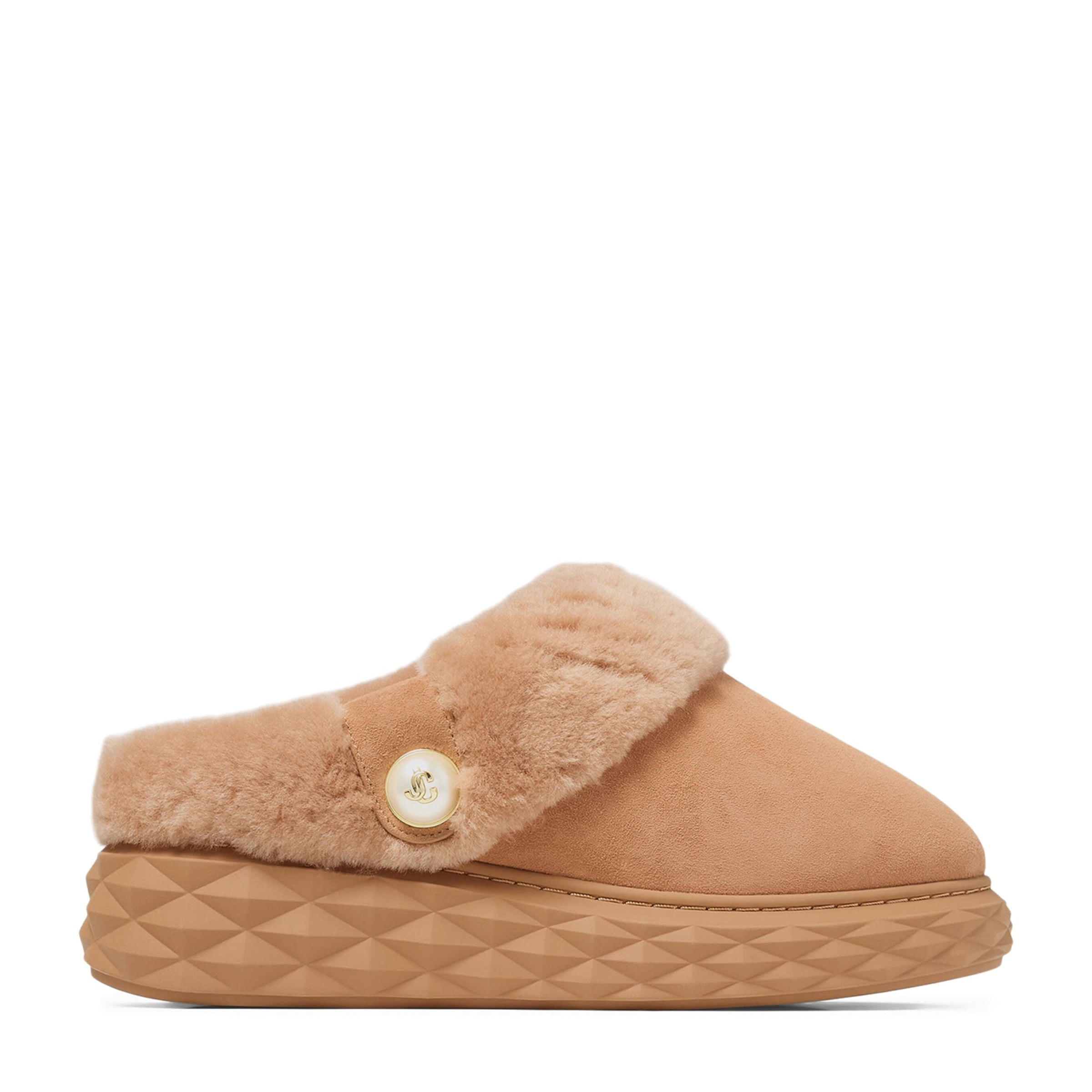 Beige Diamond Maxi Suede-Shearling Mules