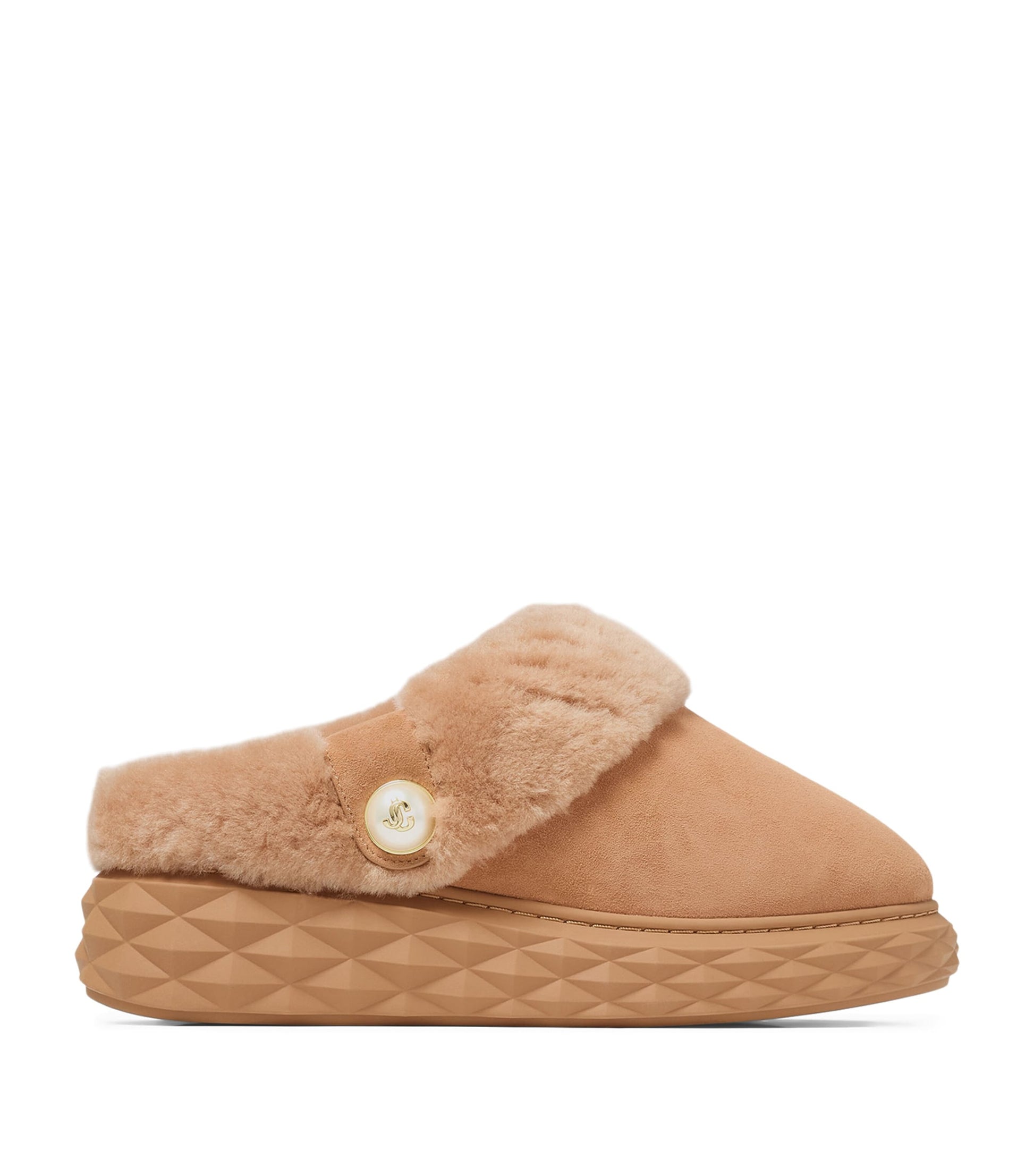 Beige Diamond Maxi Suede-Shearling Mules