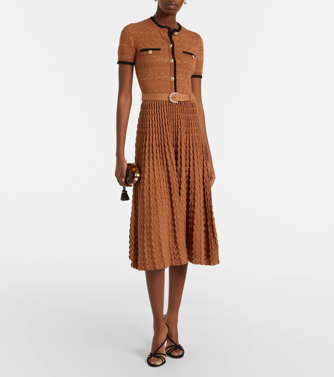 Self-Portrait - Belted pointelle cotton-blend midi dress