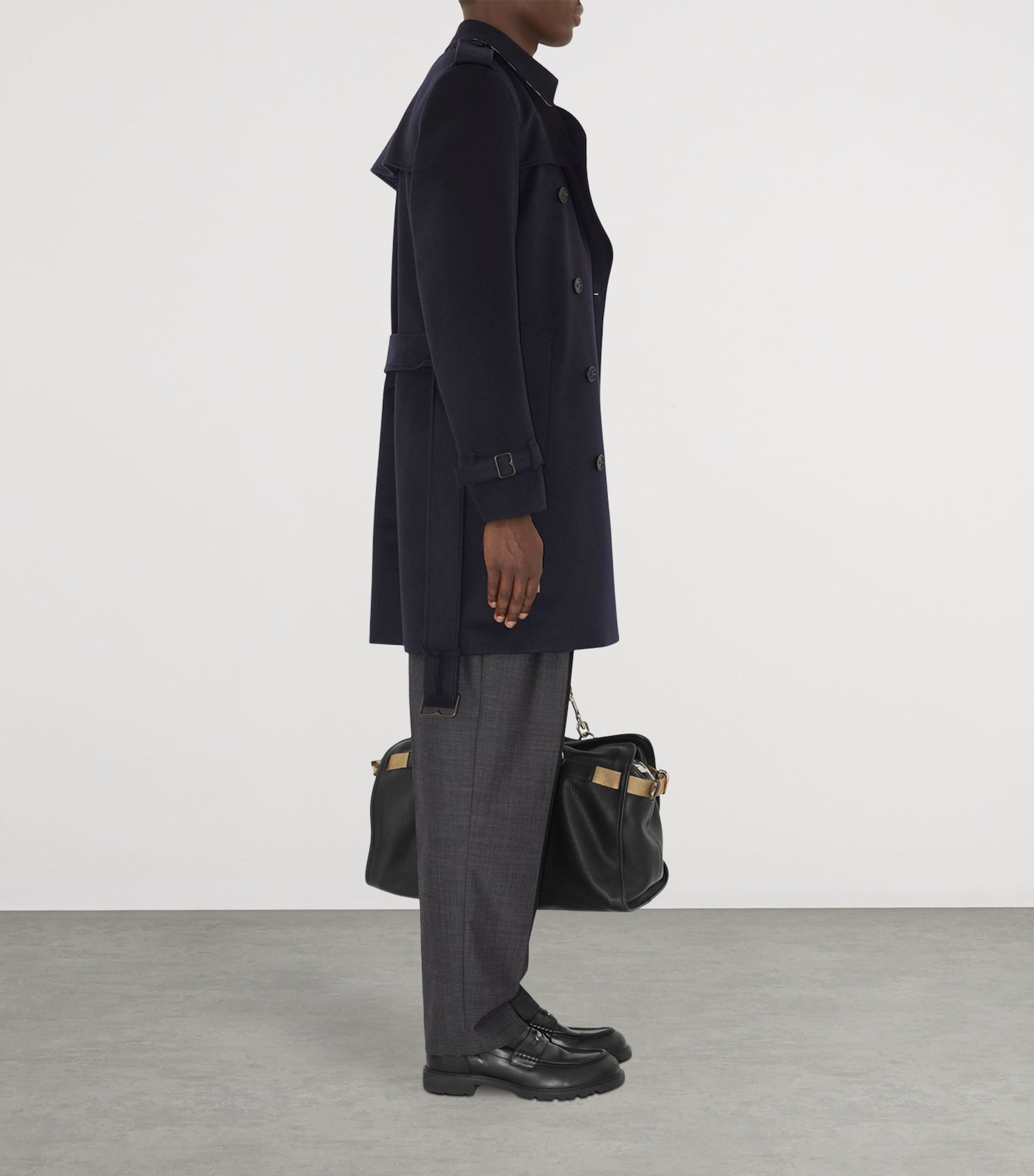 Navy Cashmere Mid-Length Trench Coat