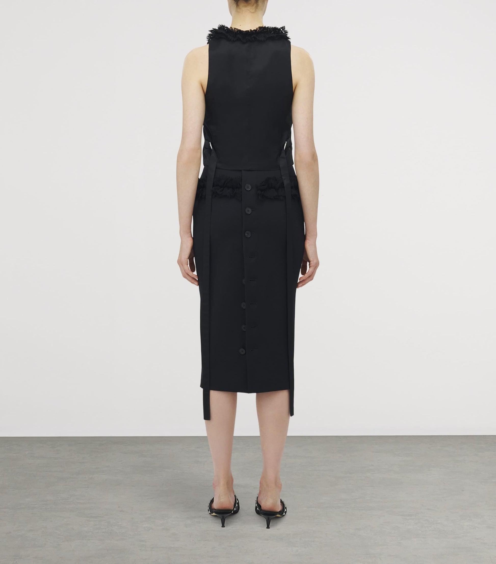 McQueen Black Wool Ruffle Midi Pencil Skirt