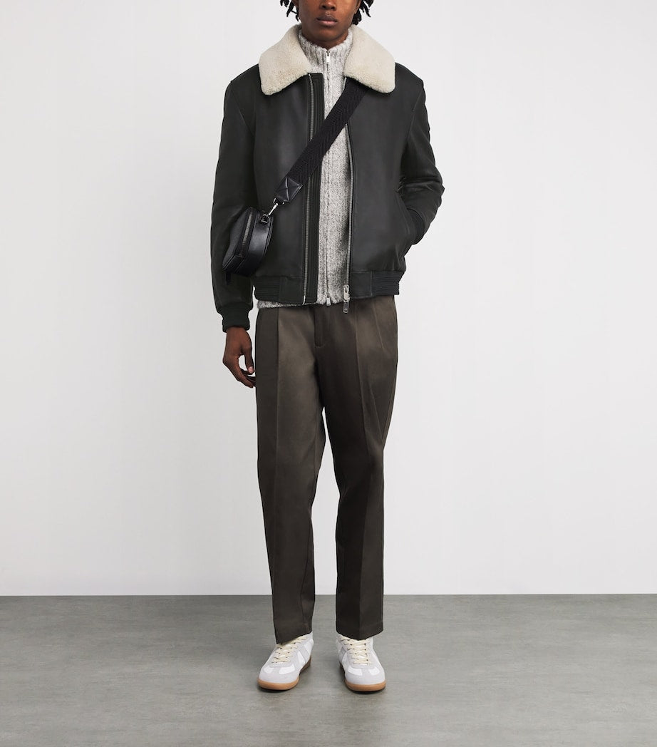 Moose Knuckles Black Shearling-Trim Leather Bomber Jacket