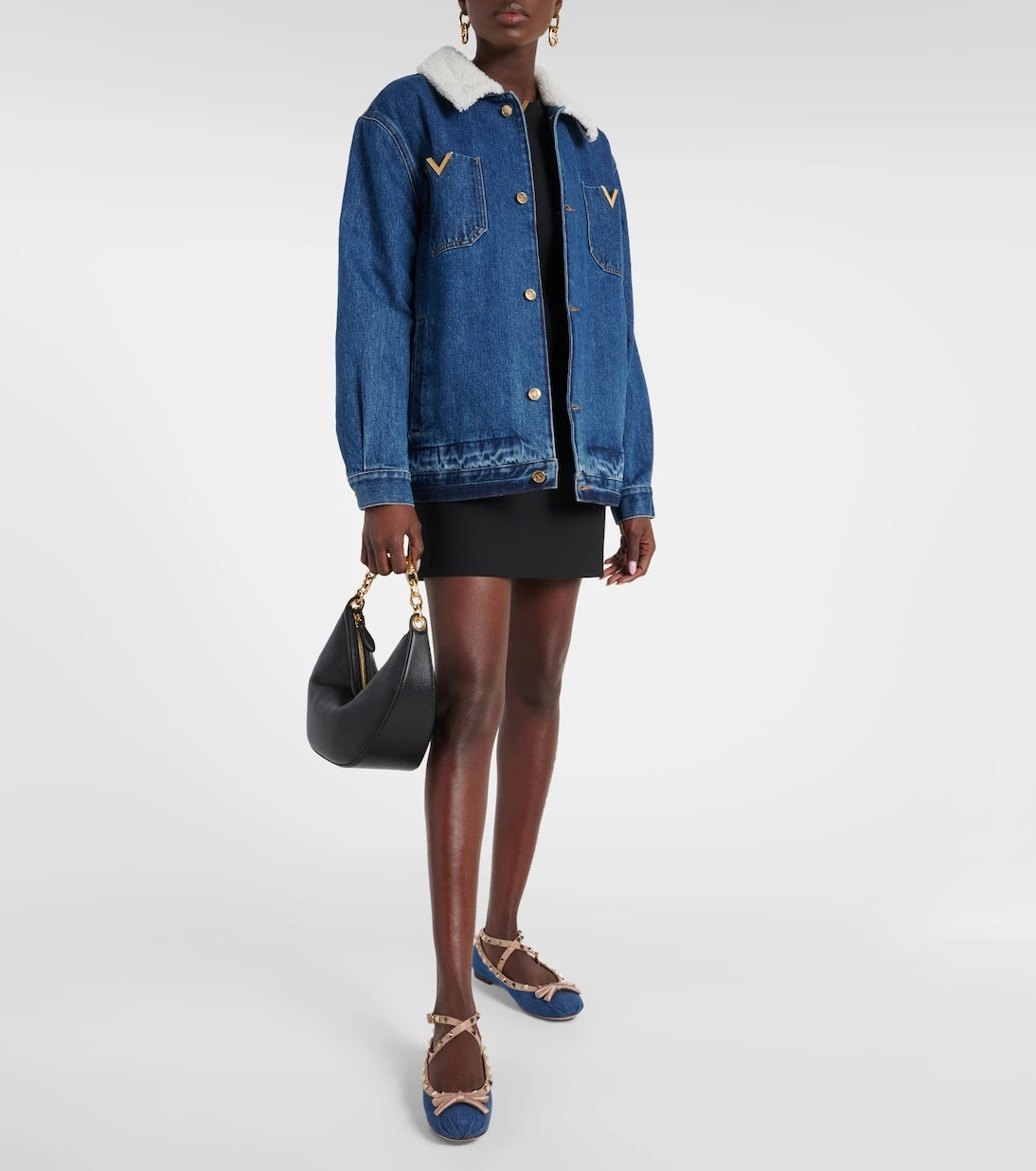Valentino Garavani - Rockstud leather-trimmed denim ballet flats
