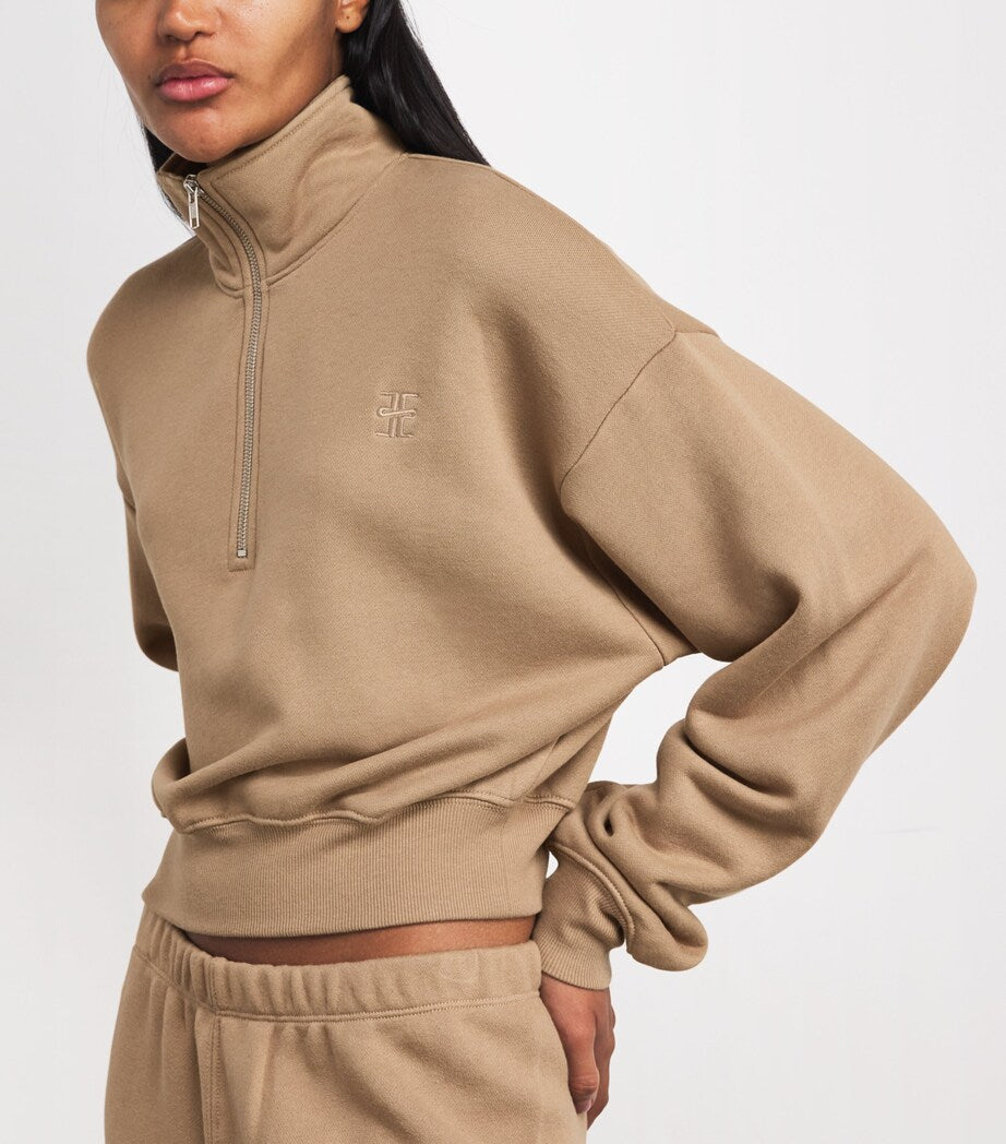 ÉTERNE Beige Cotton-Blend Half-Zip Cropped Sweatshirt