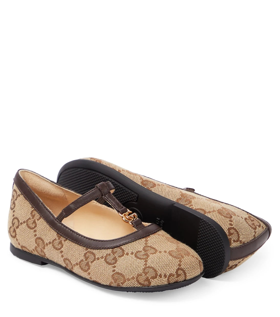 Gucci Kids - حذاء باليه مسطح مزين بجلد شعار GG المزدوج