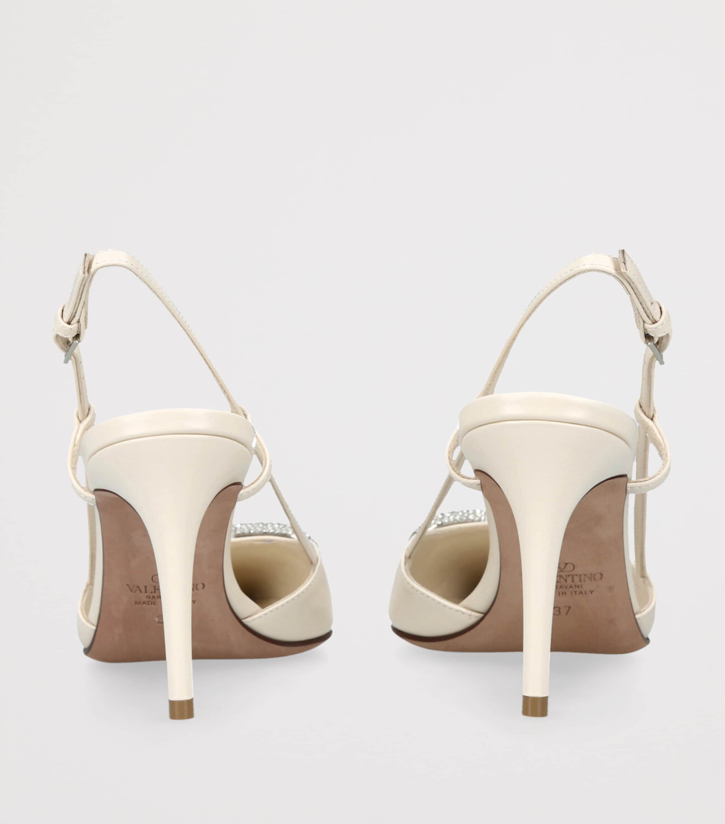 Valentino Garavani White Leather VLogo Strass Slingback Pumps 80