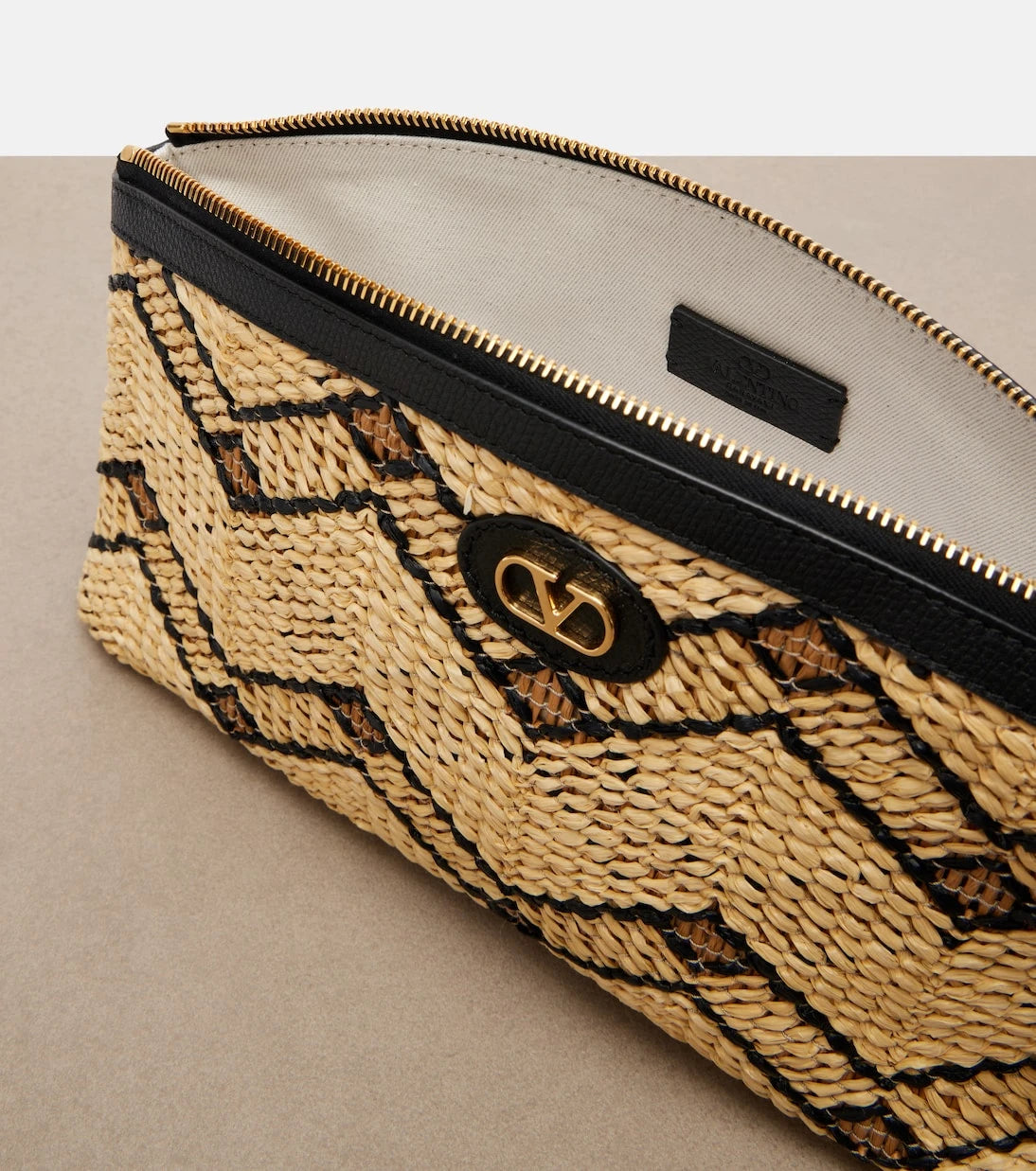 Valentino Garavani - VLogo Small leather-trimmed raffia pouch