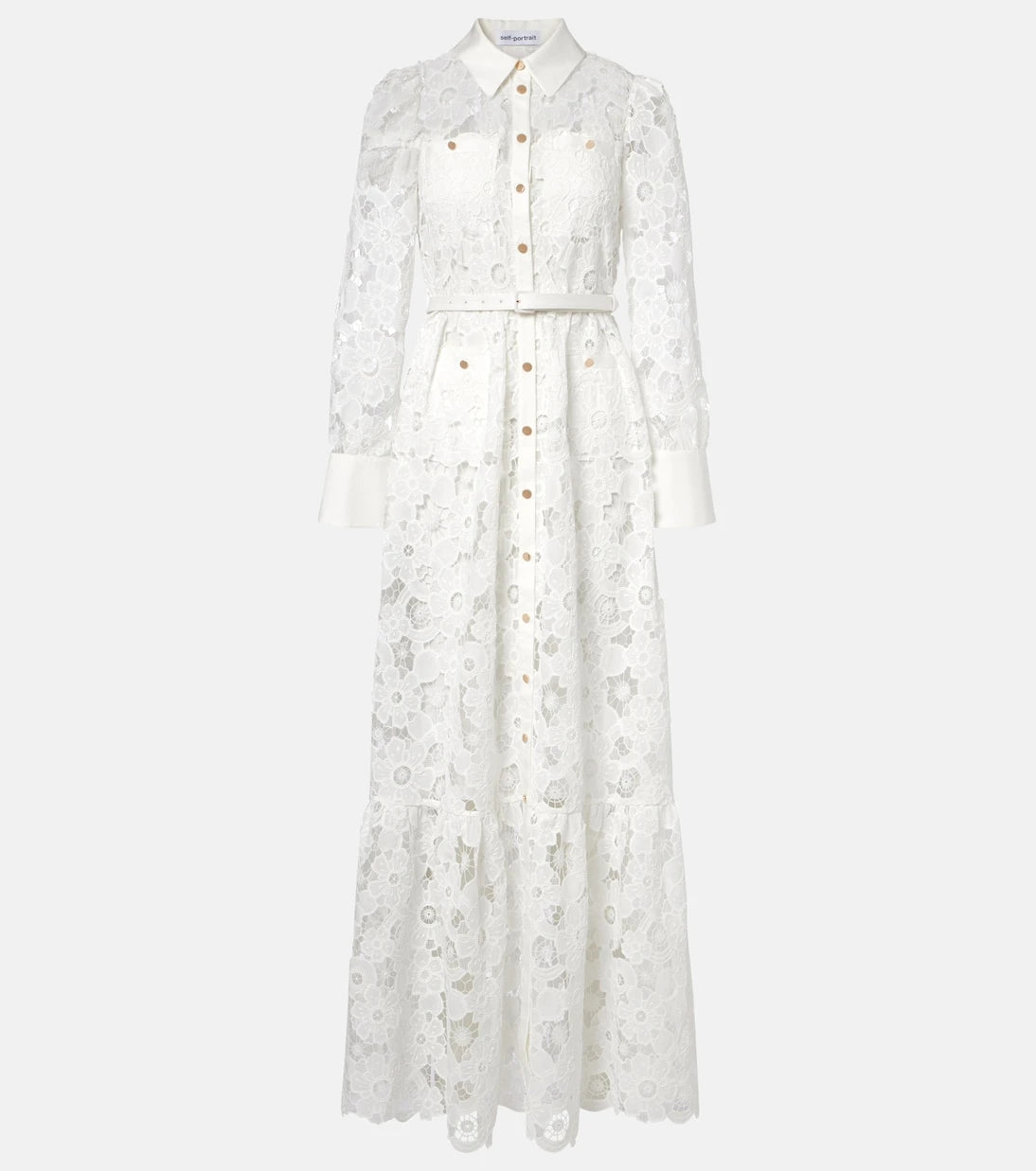 Self-Portrait - Belted guipure lace shirt dress