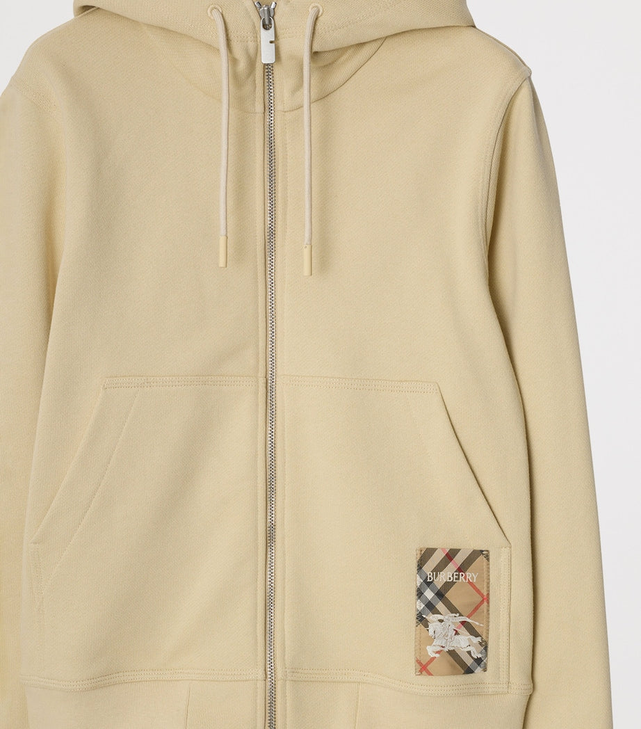 Beige Cotton Check-Patch Hoodie