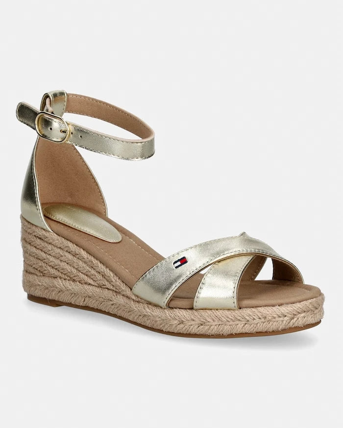 Tommy Hilfiger Deri Eğik Platformlu Sandalet MID WEDGE ESPAD X CROSS GOLD