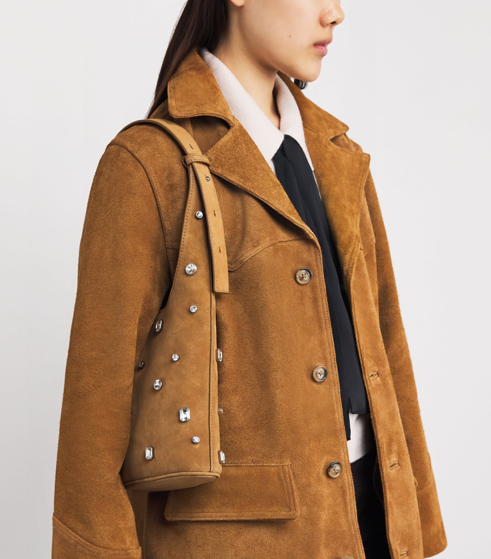 Suede Embellished Loop Shoulder Bag