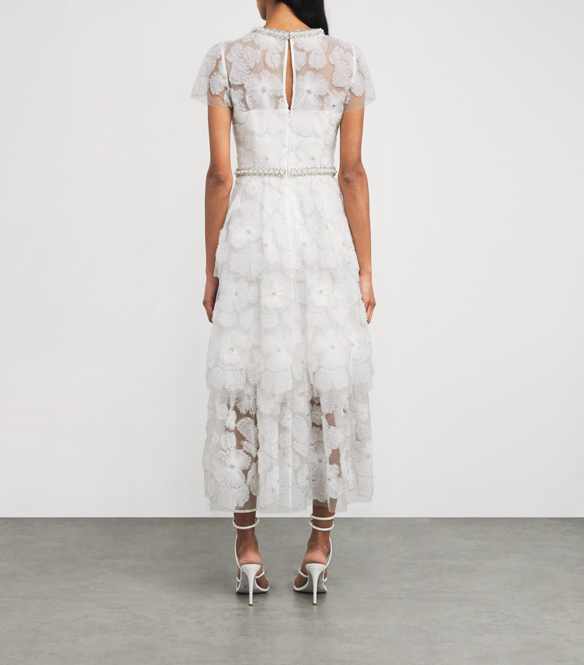 Self-Portrait White Tulle Embellished Tiered Midi Dress