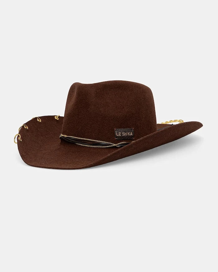 LE SH KA geniş siperlikli kadın yün şapka Brown Cowboy