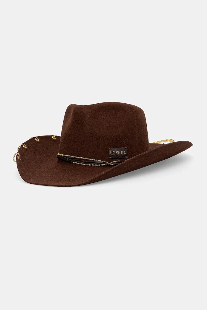 LE SH KA geniş siperlikli kadın yün şapka Brown Cowboy