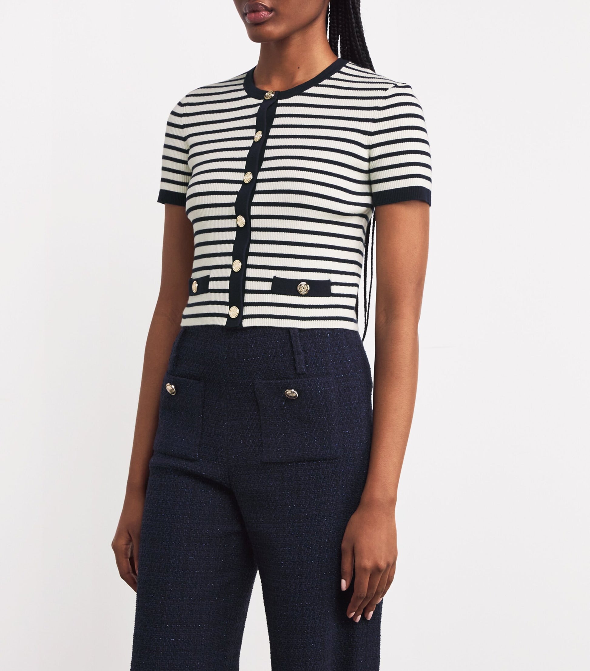 Cotton-Blend Striped Top ECRU/NAVY BLUE