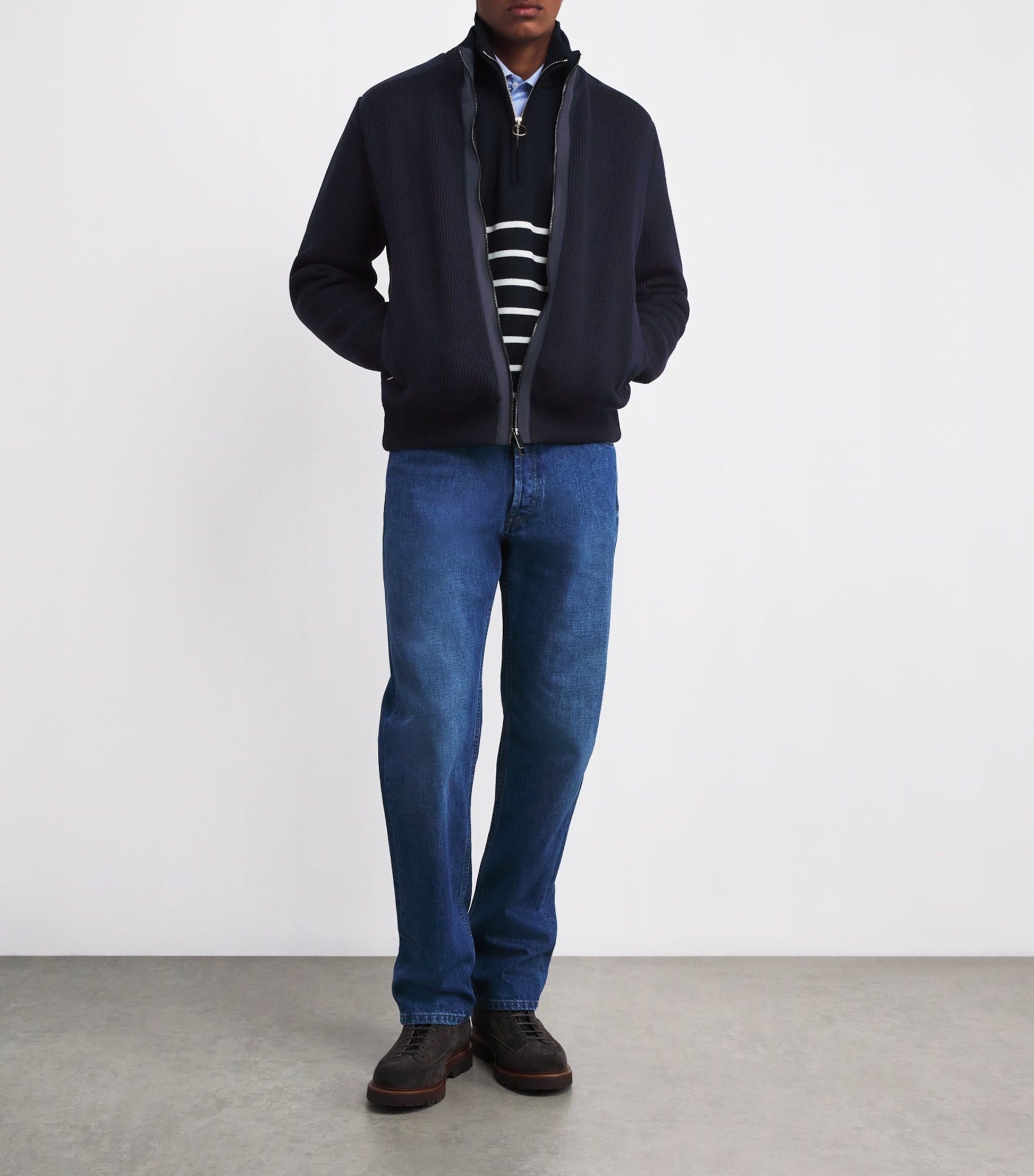 Paul & Shark Blue Wool Panelled Ribbed Zipped Sweater