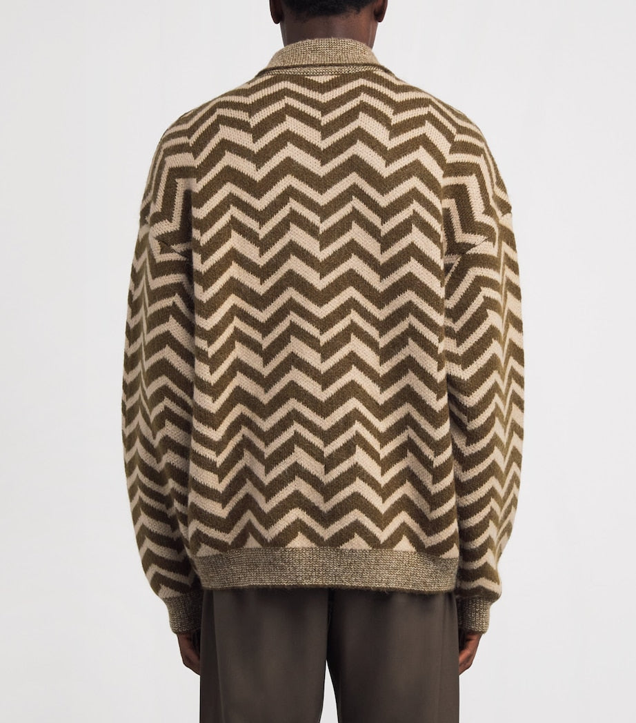 Brown Wool-Blend Chevron Jacquard Sweater