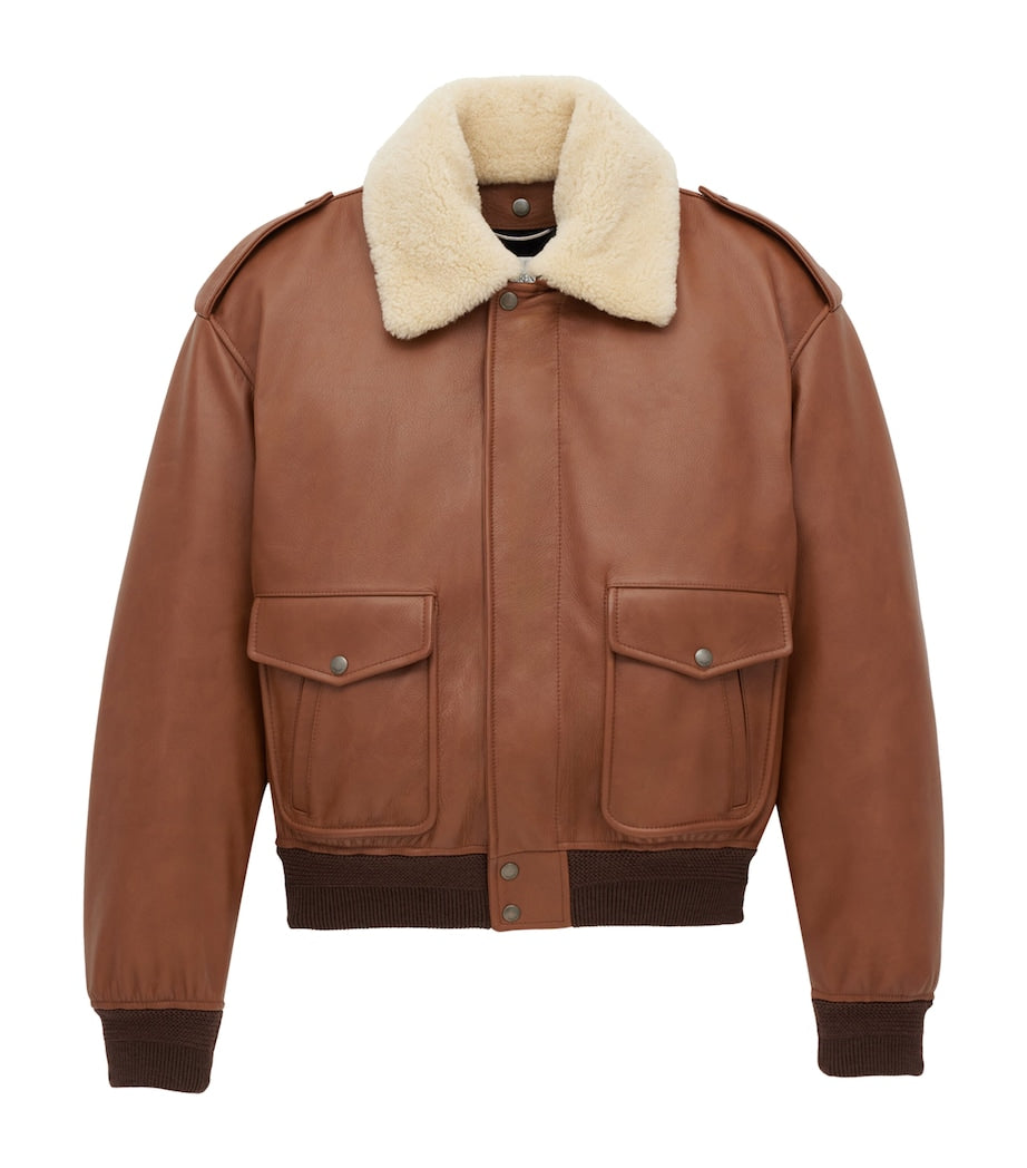 Saint Laurent Brown Shearling Collar Leather Jacket