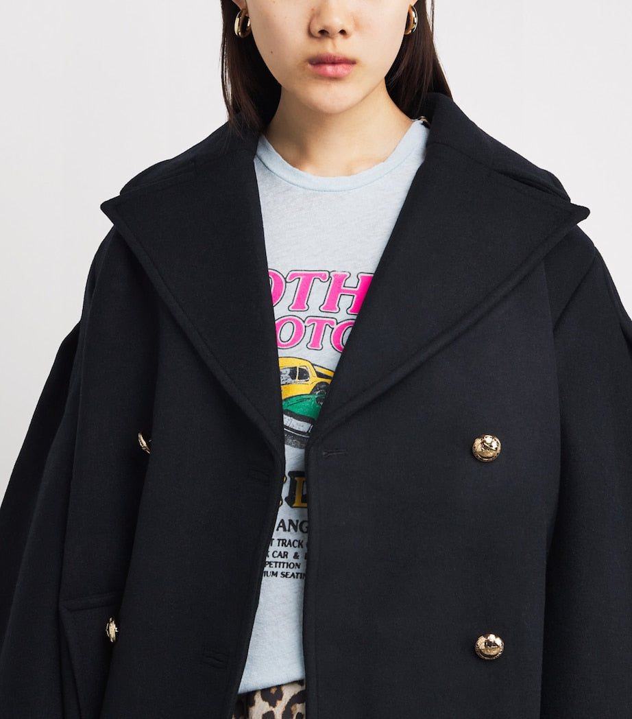 GANNI Black Recycled Wool-Blend Midi Pea Coat