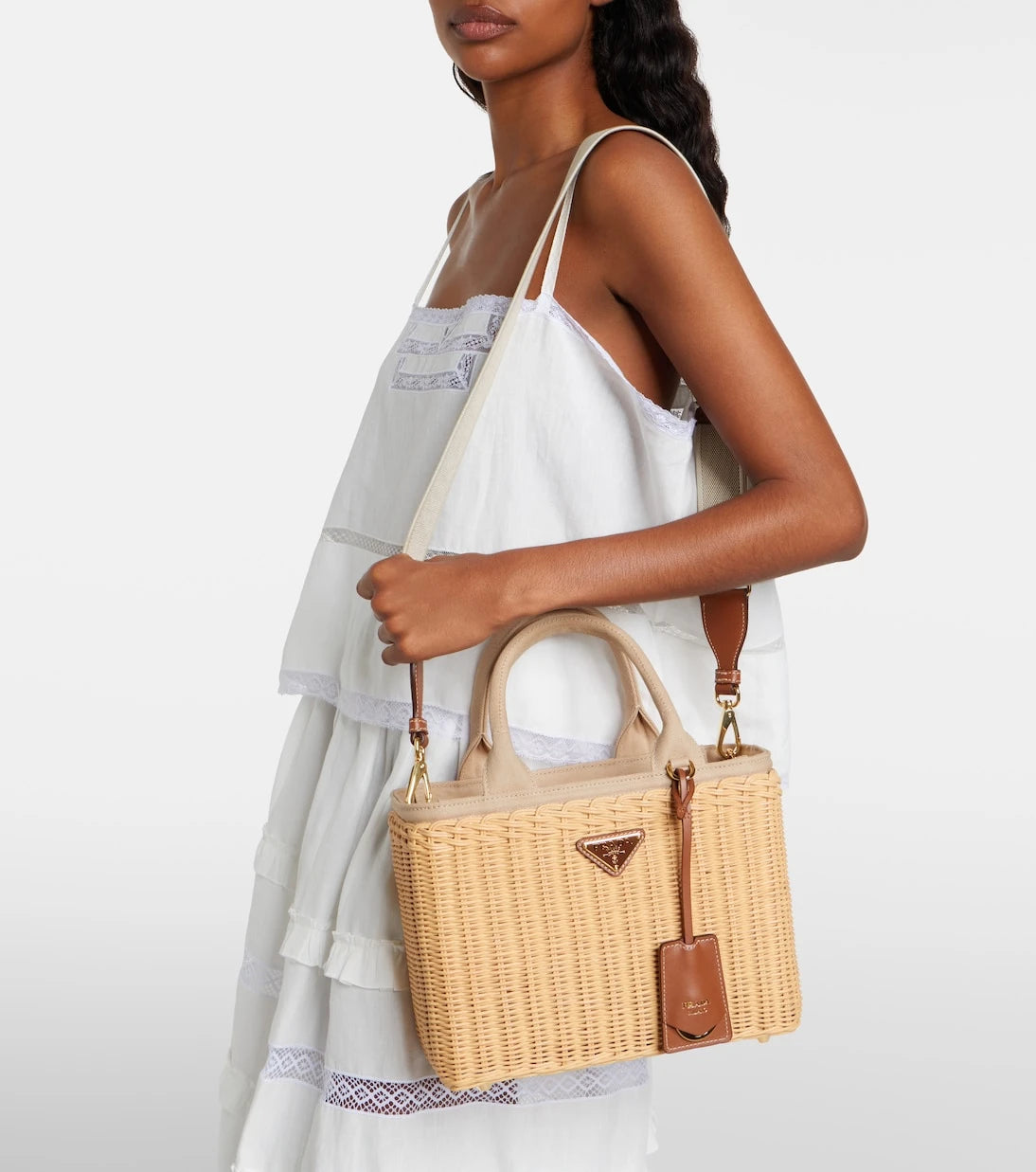 Prada - Medium wicker and canvas tote bag