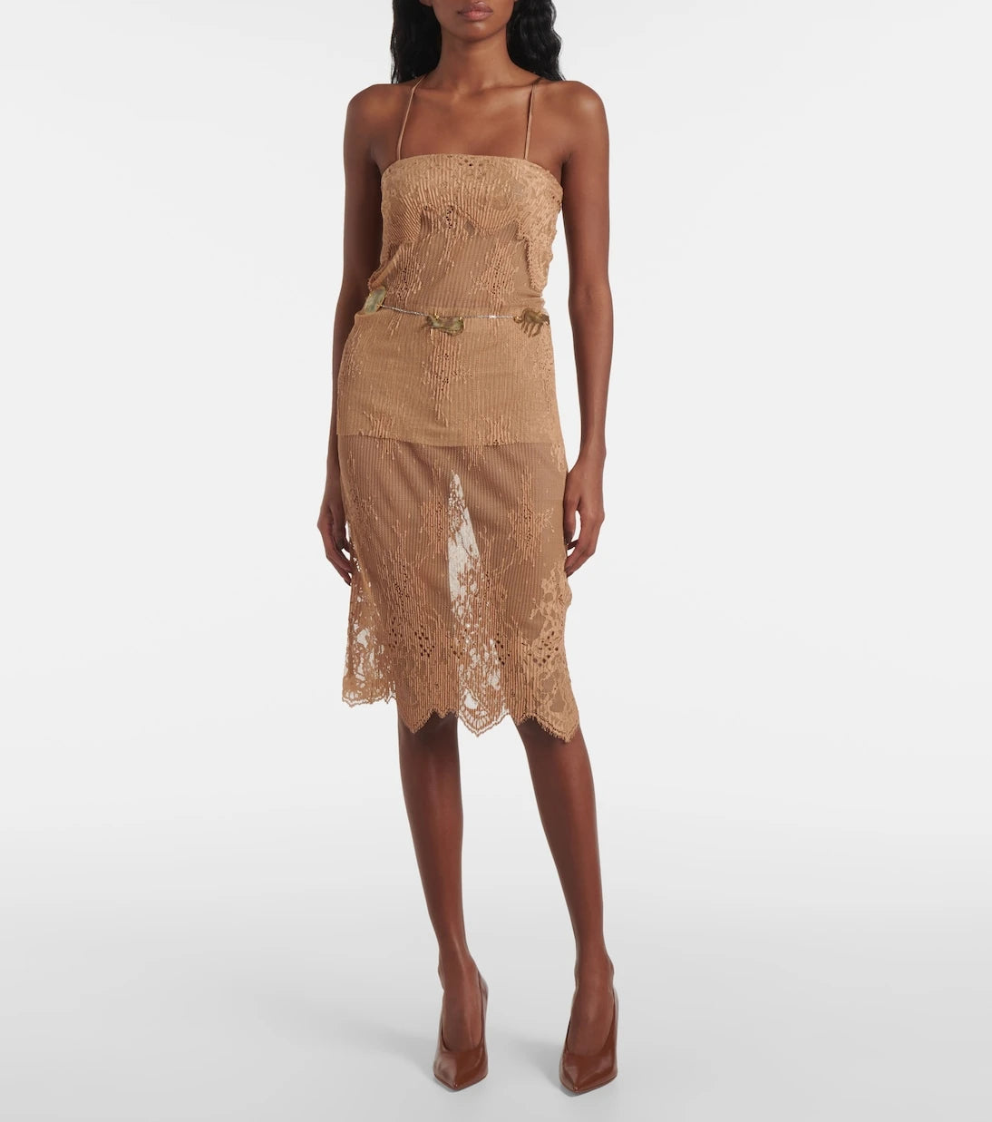 Jacques Wei - Layered leather-trimmed lace midi skirt