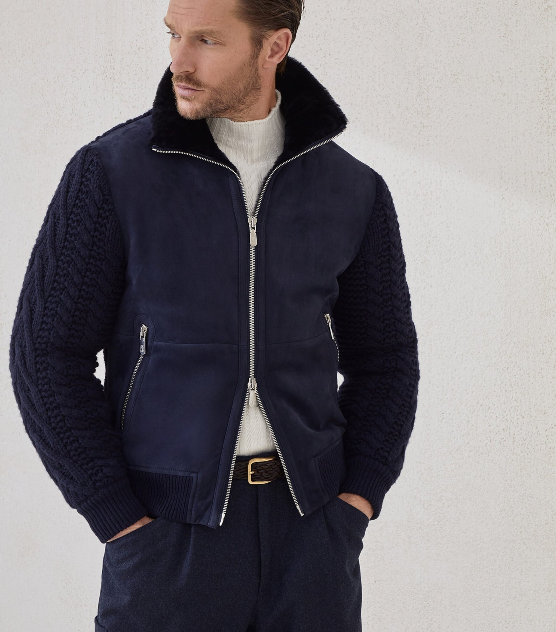 Brunello Cucinelli Blue Suede Knit Insert Bomber Jacket