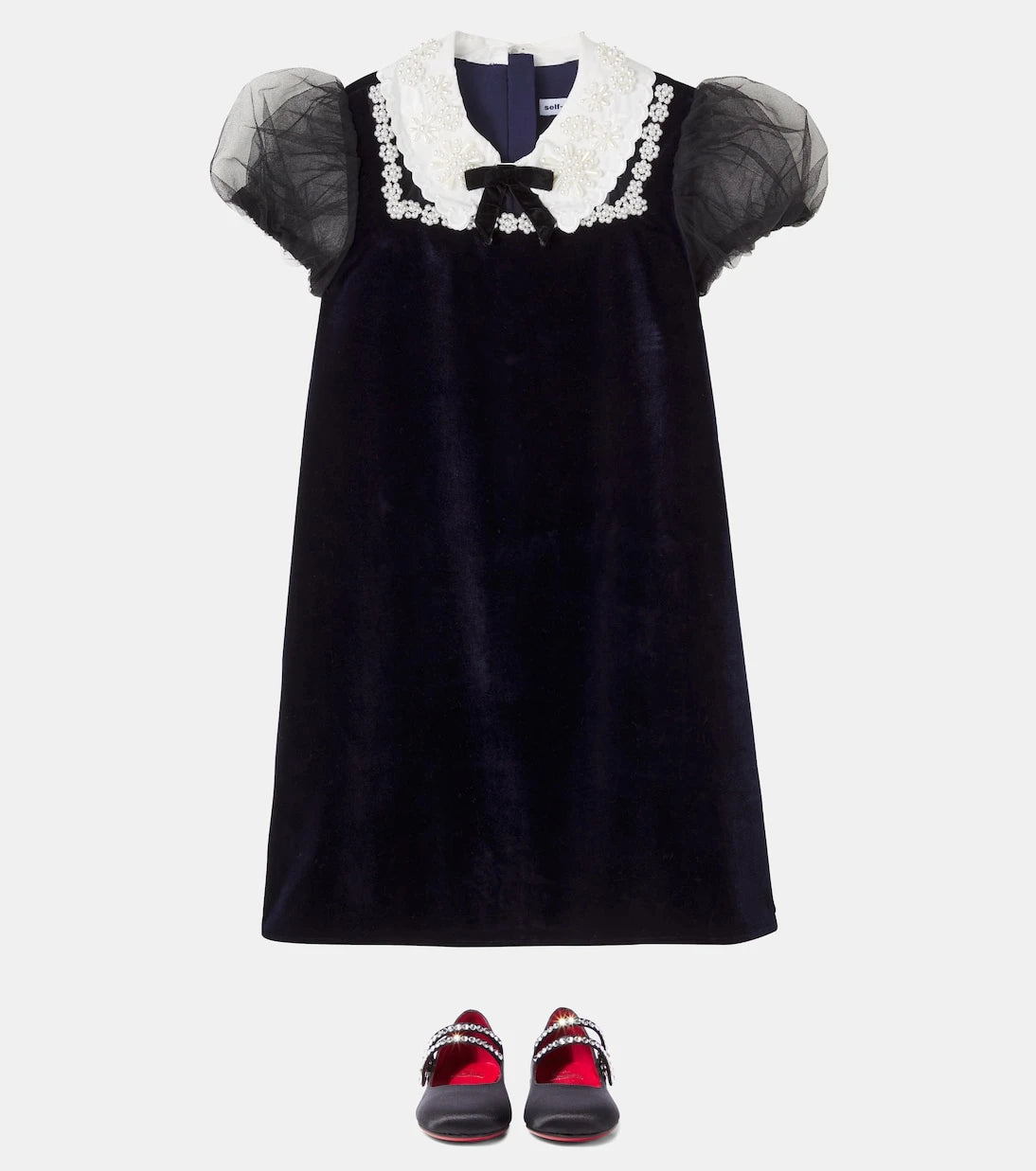 Self-Portrait Kids - Embellished tulle-trimmed velvet dress