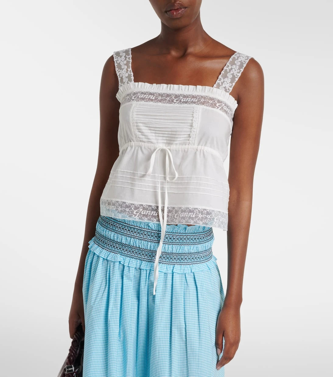 Ganni - Lace-trimmed ruffled cotton crop top