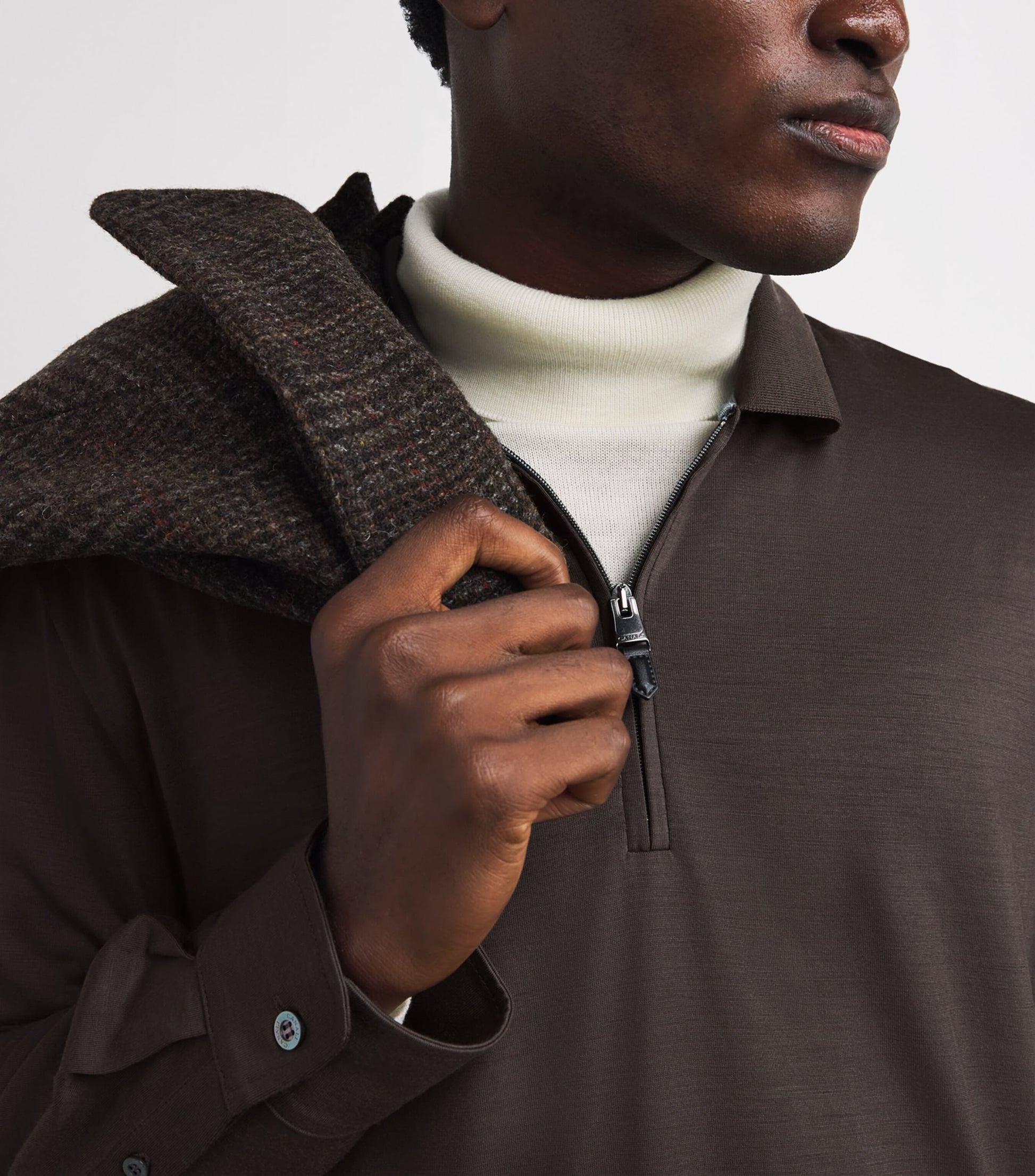 Canali Wool Zip-Up Long-Sleeve Polo Shirt