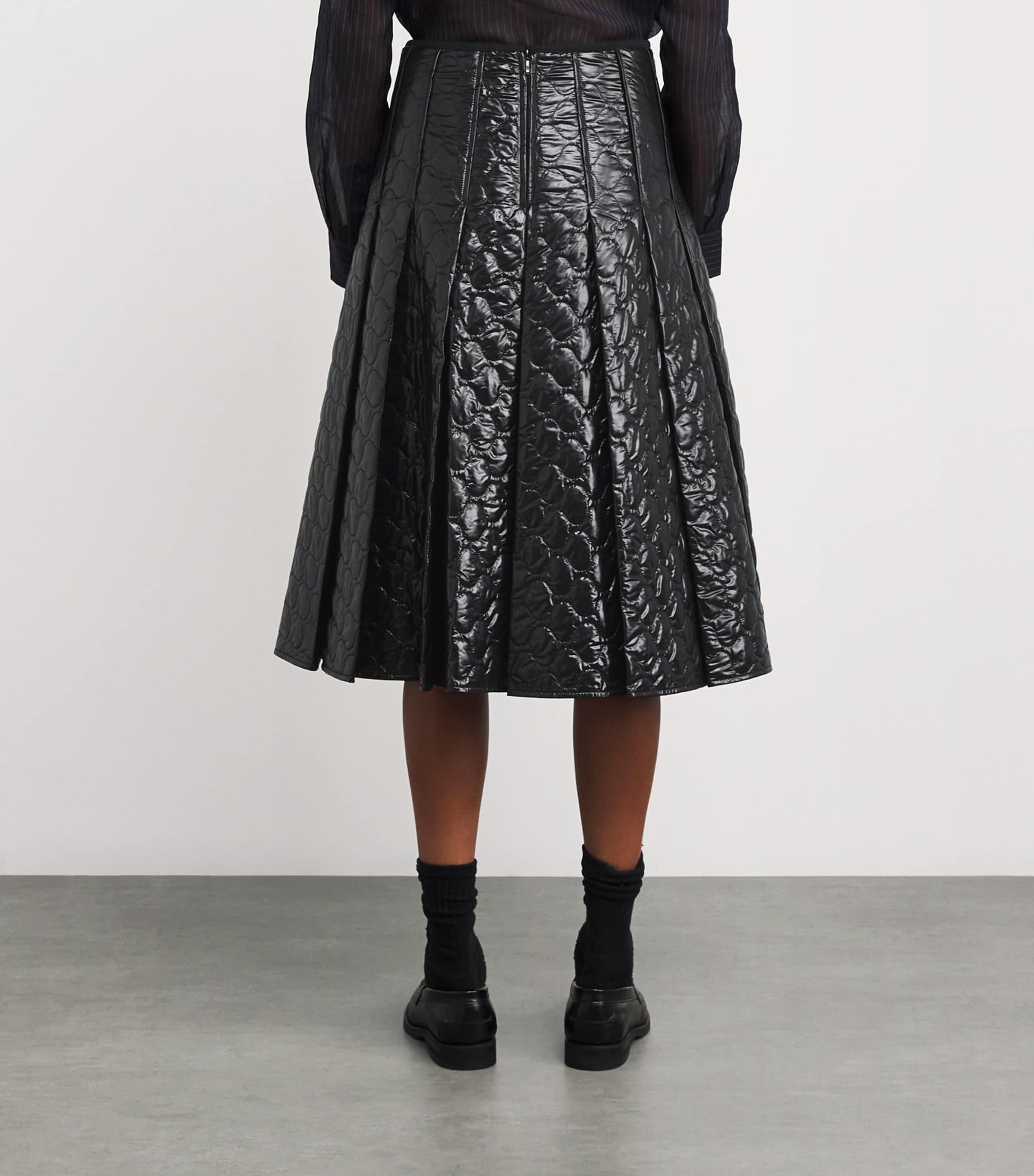 Black Microfiber Quilted Midi Skirt