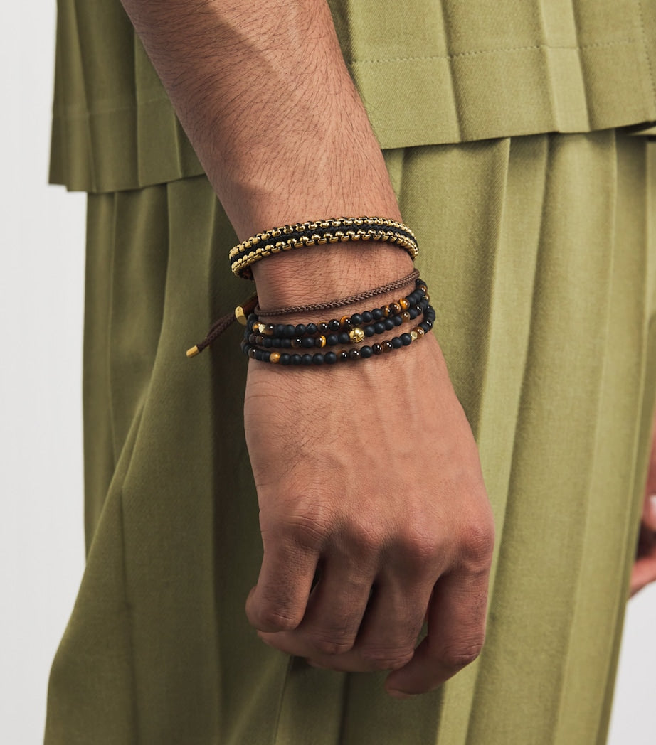 Gold-Plated Stainless Steel, Brown Tiger Eye and Matte Onyx Beaded Bracelet