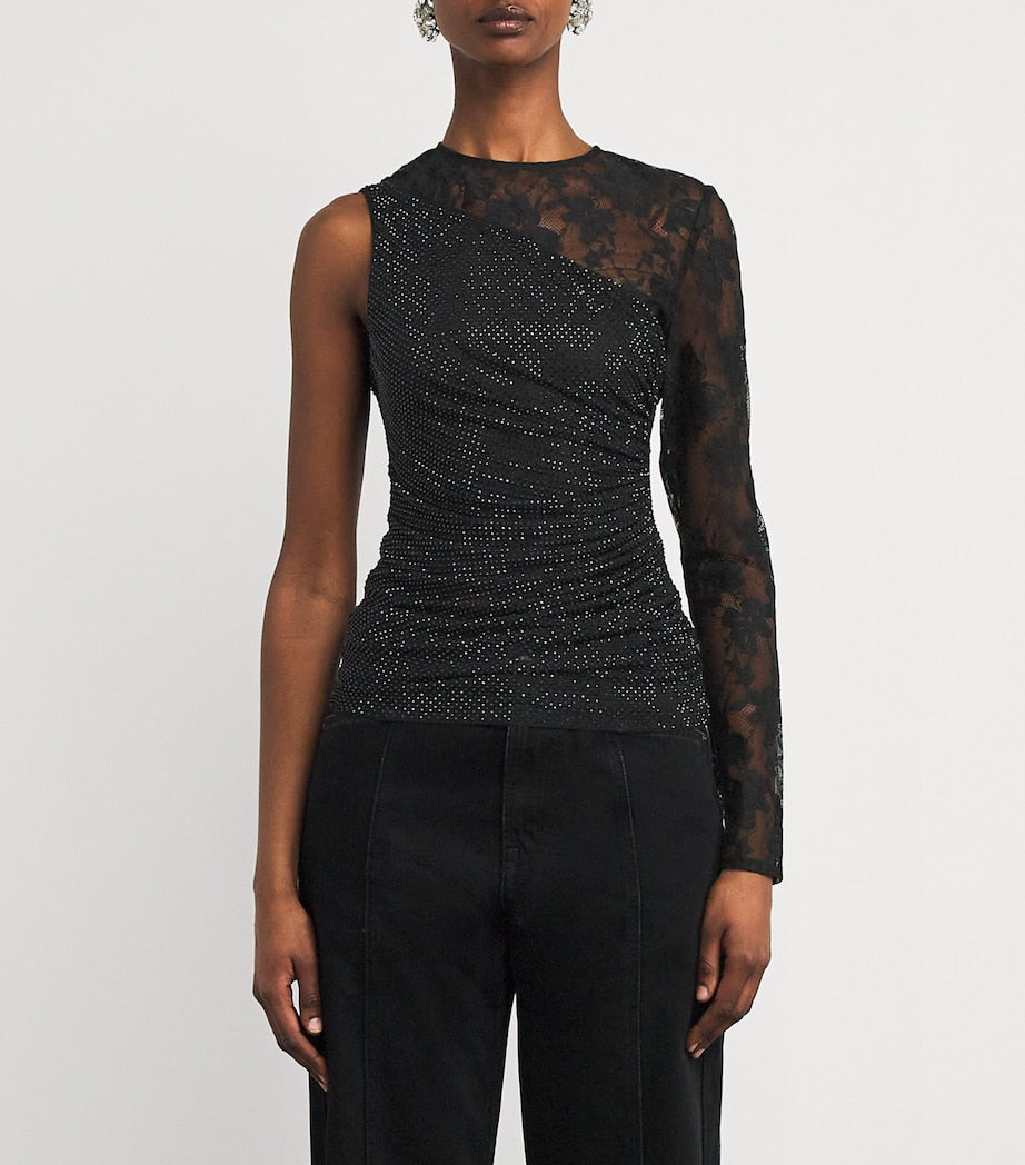 Self-Portrait Black Rhinestone-Lace One-Shoulder Top