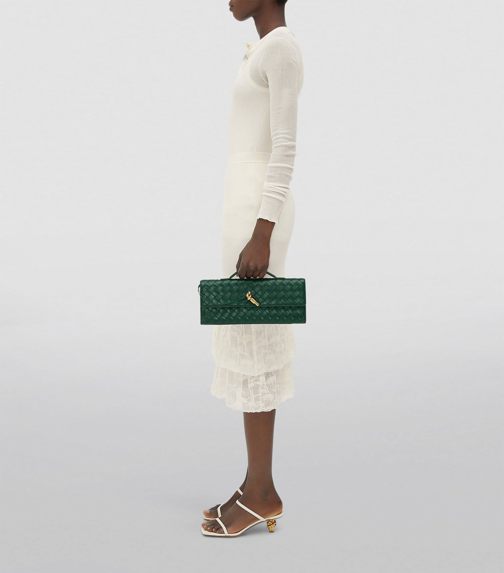 Bottega Veneta Green Small Leather Top-Handle Clutch Bag