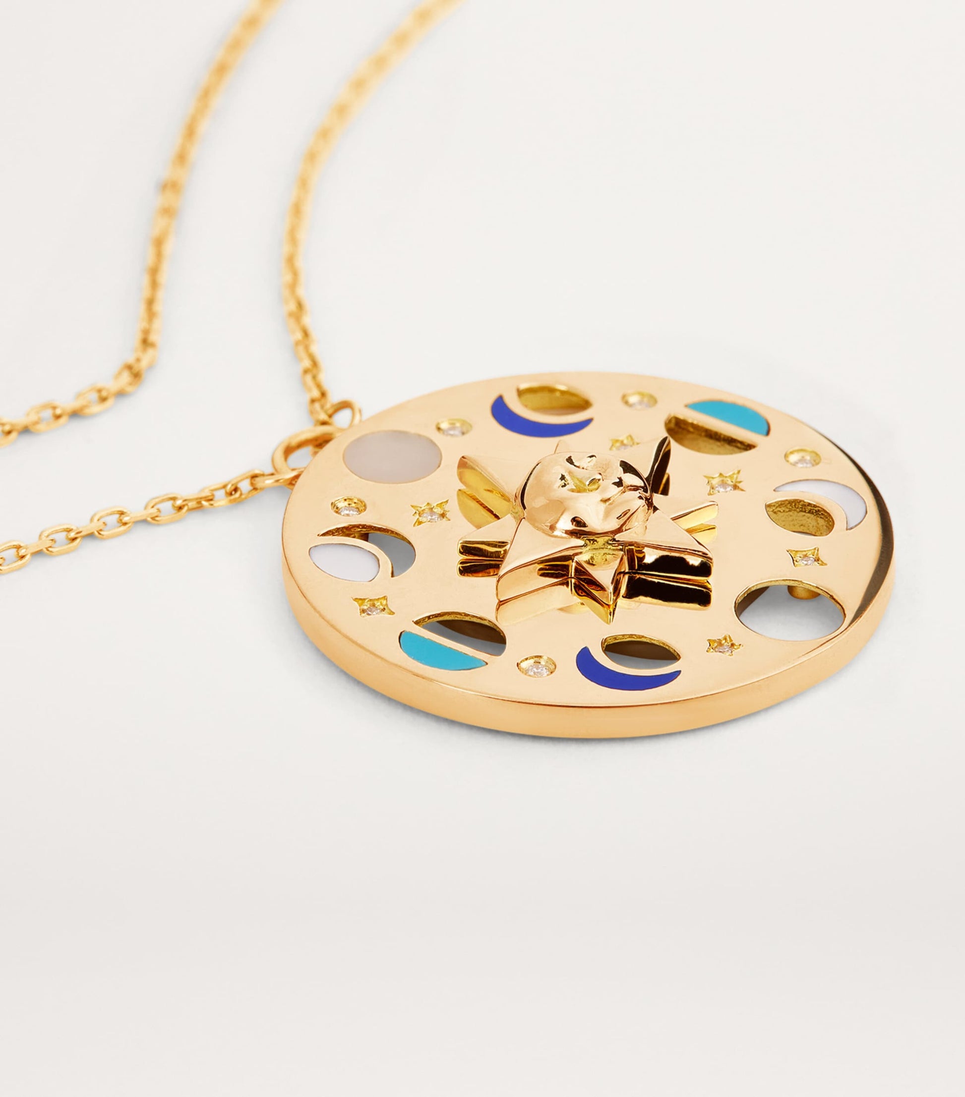 Yellow Gold, White Diamond, Lapis and Turquoise Moon Phase Necklace