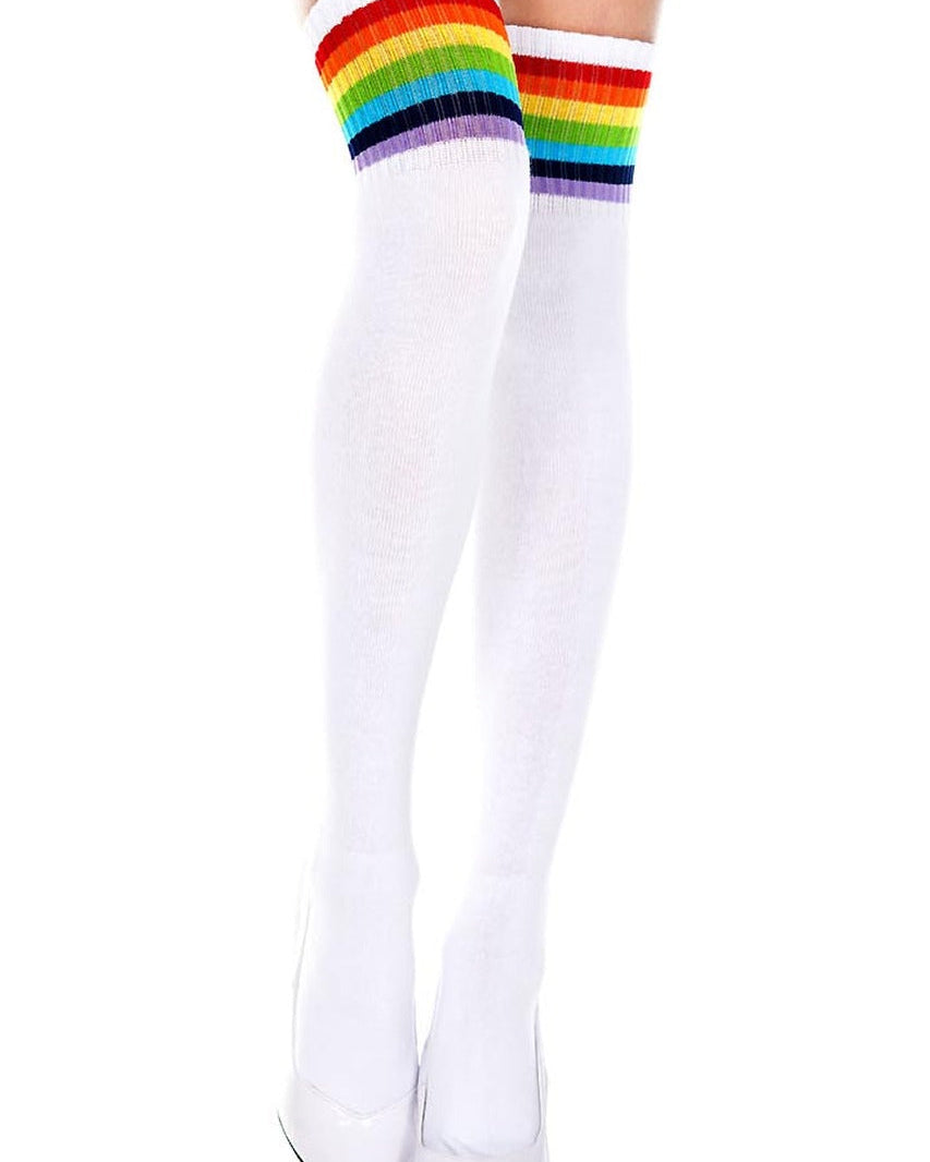 White Thigh High Socks - Rainbow
